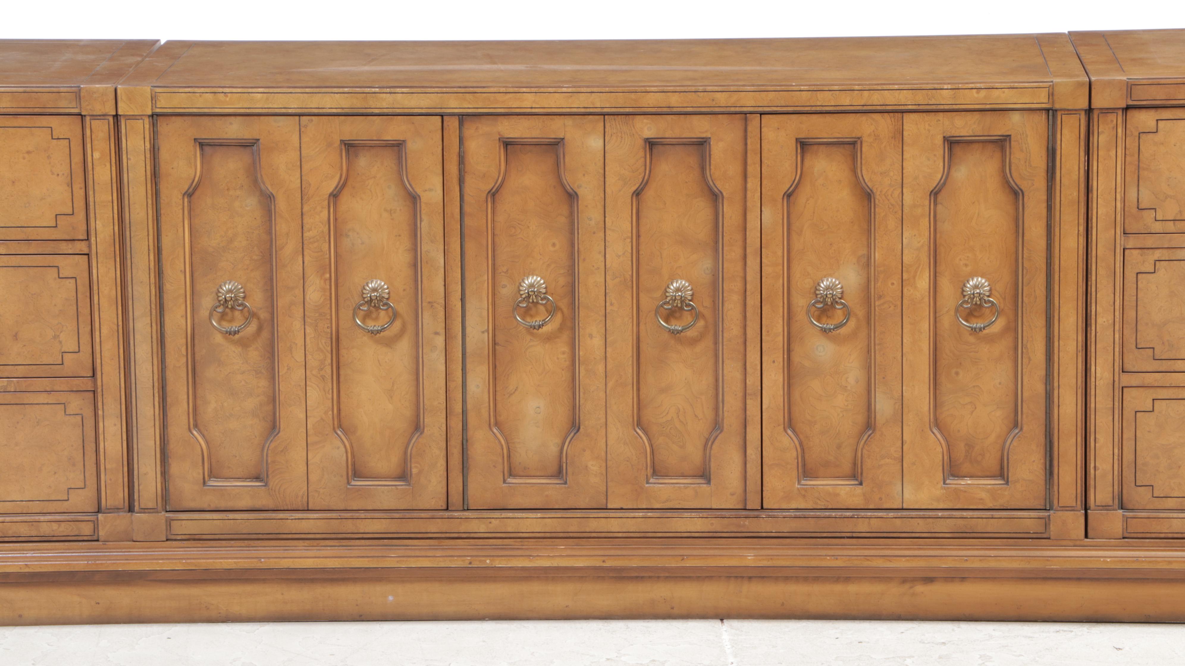 Four-Piece Mastercraft Furniture Mediterranean Style Burlwood and Pecan Credenza