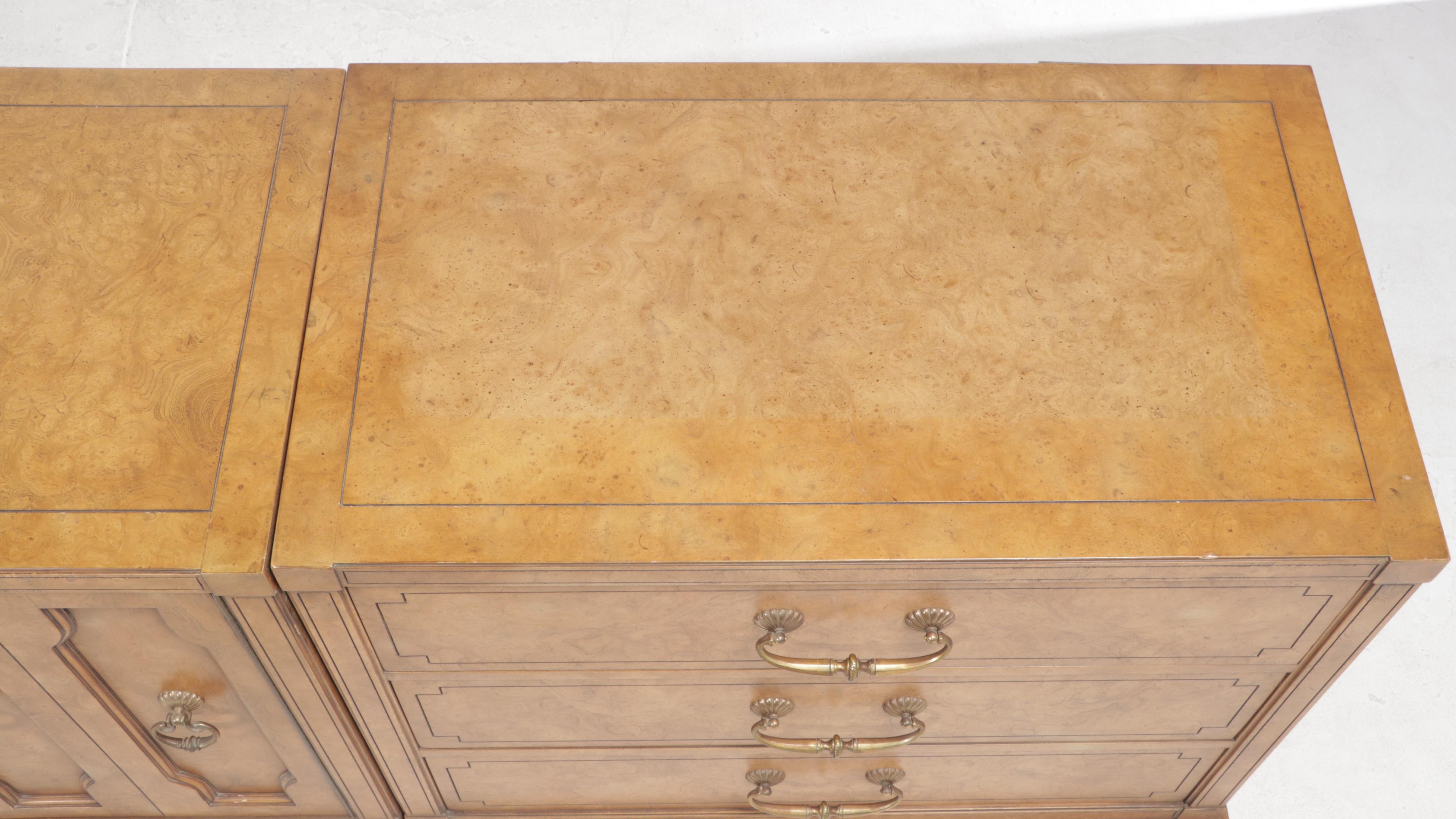 Four-Piece Mastercraft Furniture Mediterranean Style Burlwood and Pecan Credenza