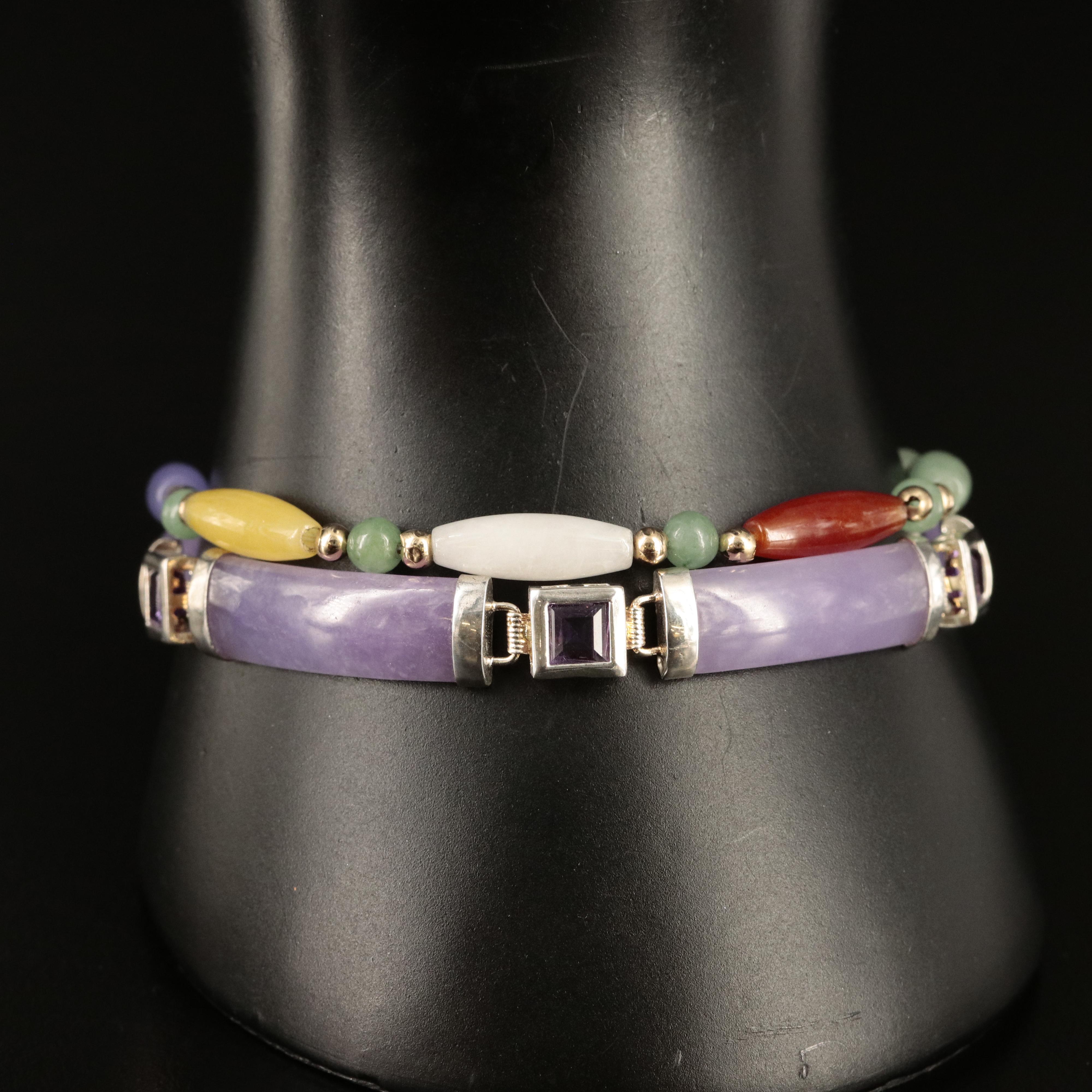 14K Jadeite and Sterling "Good Fortune" Amethyst Bracelets