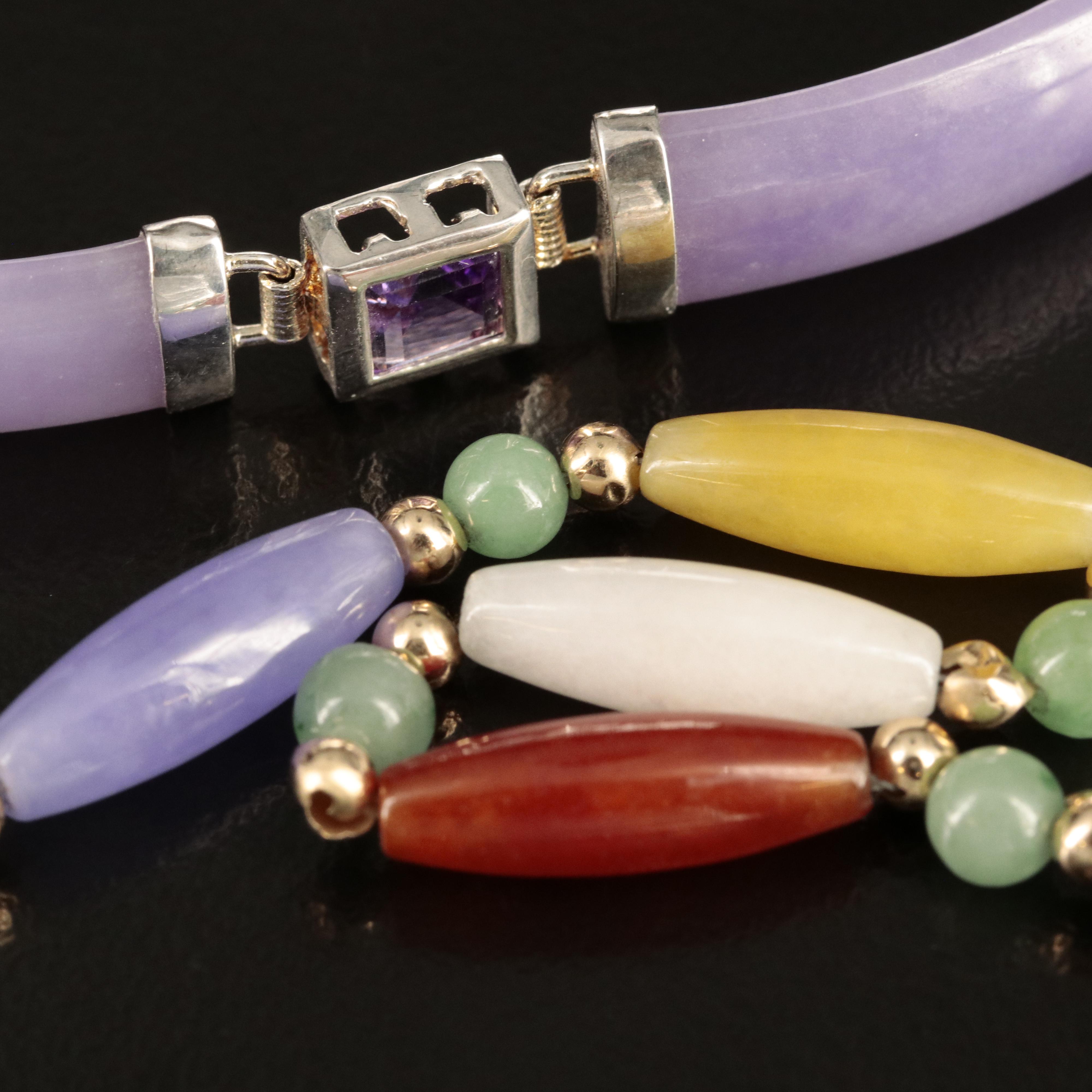 14K Jadeite and Sterling "Good Fortune" Amethyst Bracelets