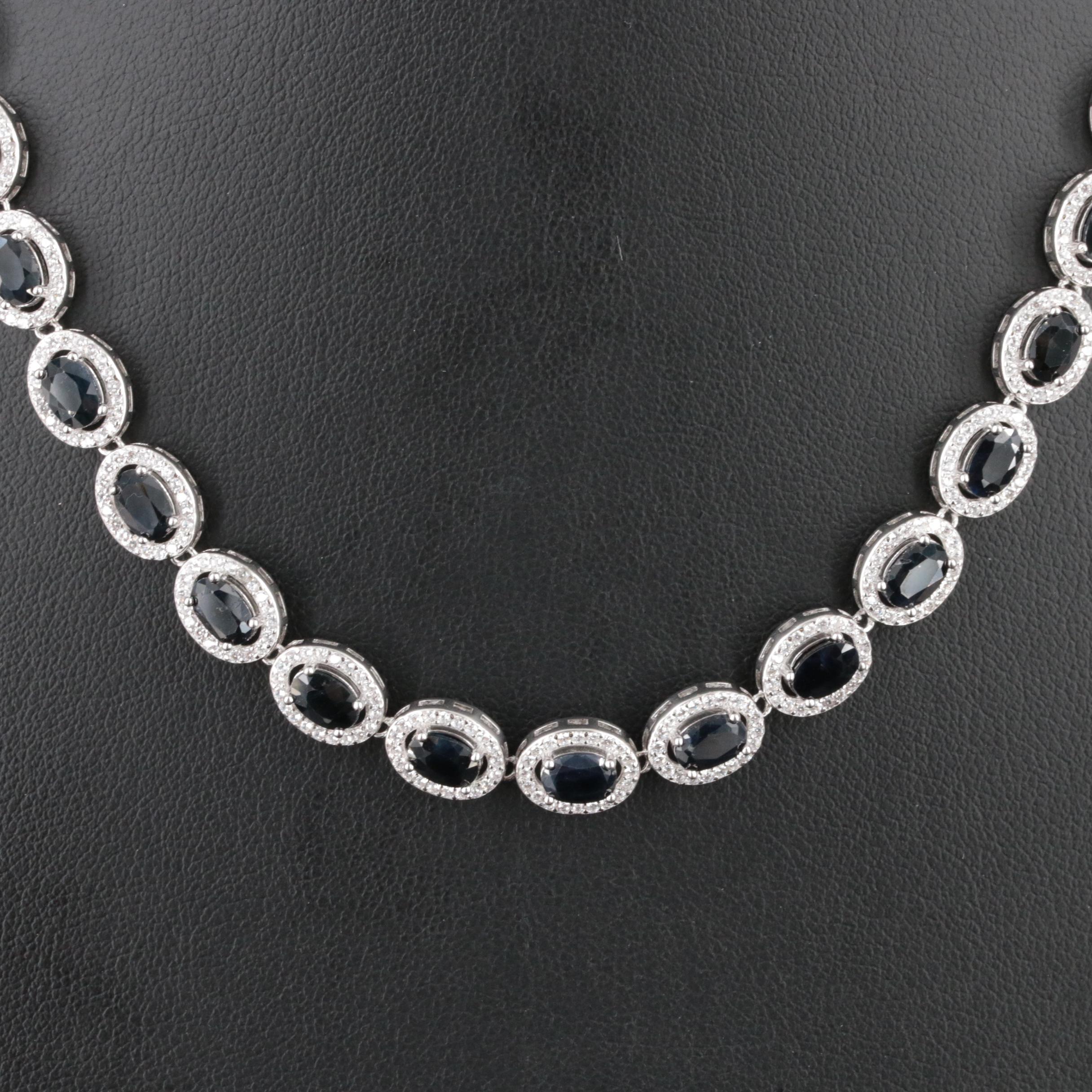 Sterling Sapphire and Cubic Zirconia Rivière Necklace