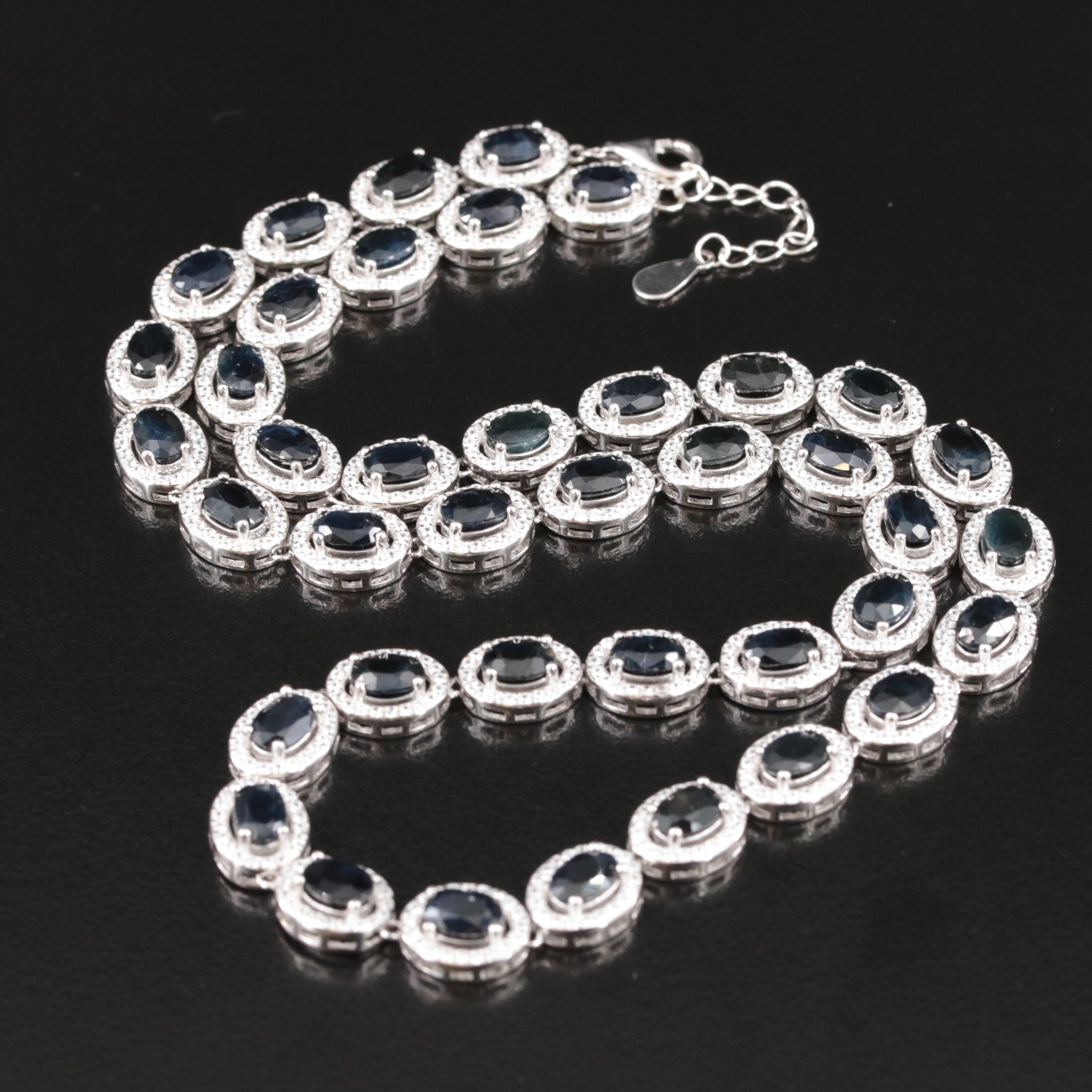 Sterling Sapphire and Cubic Zirconia Rivière Necklace