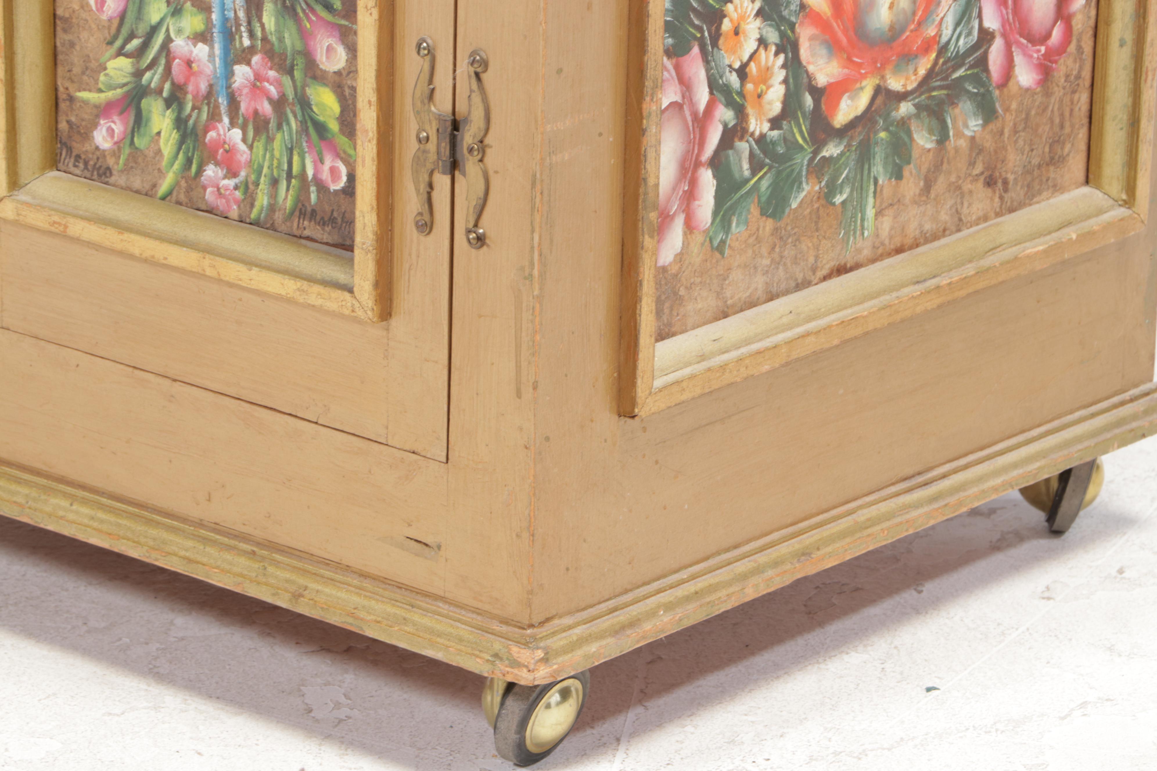 Mexican Hand-Painted Wooden Cabinet, Artist Signed