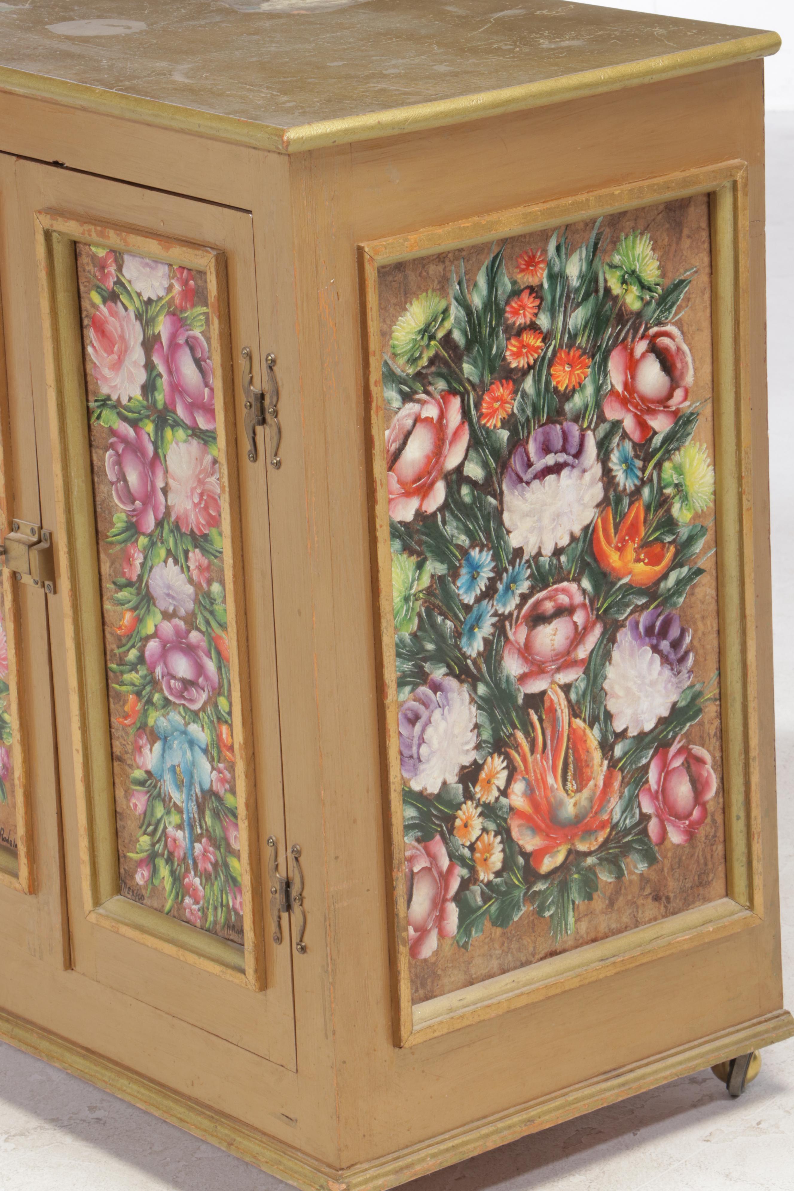 Mexican Hand-Painted Wooden Cabinet, Artist Signed