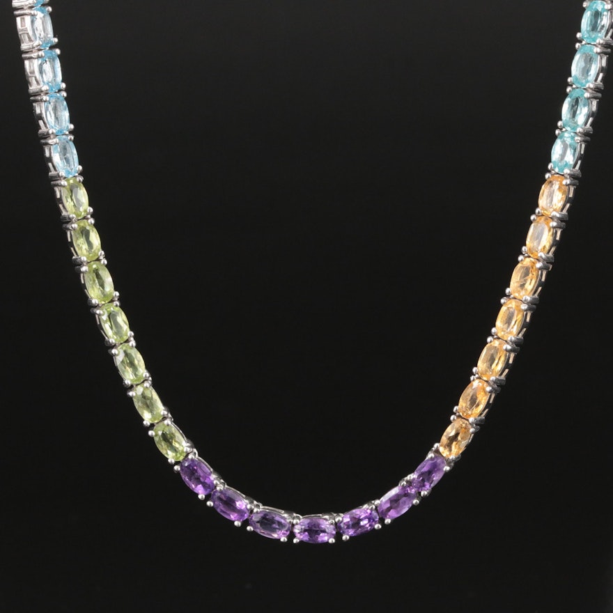 Sterling Amethyst, Topaz and Peridot Rivière Necklace