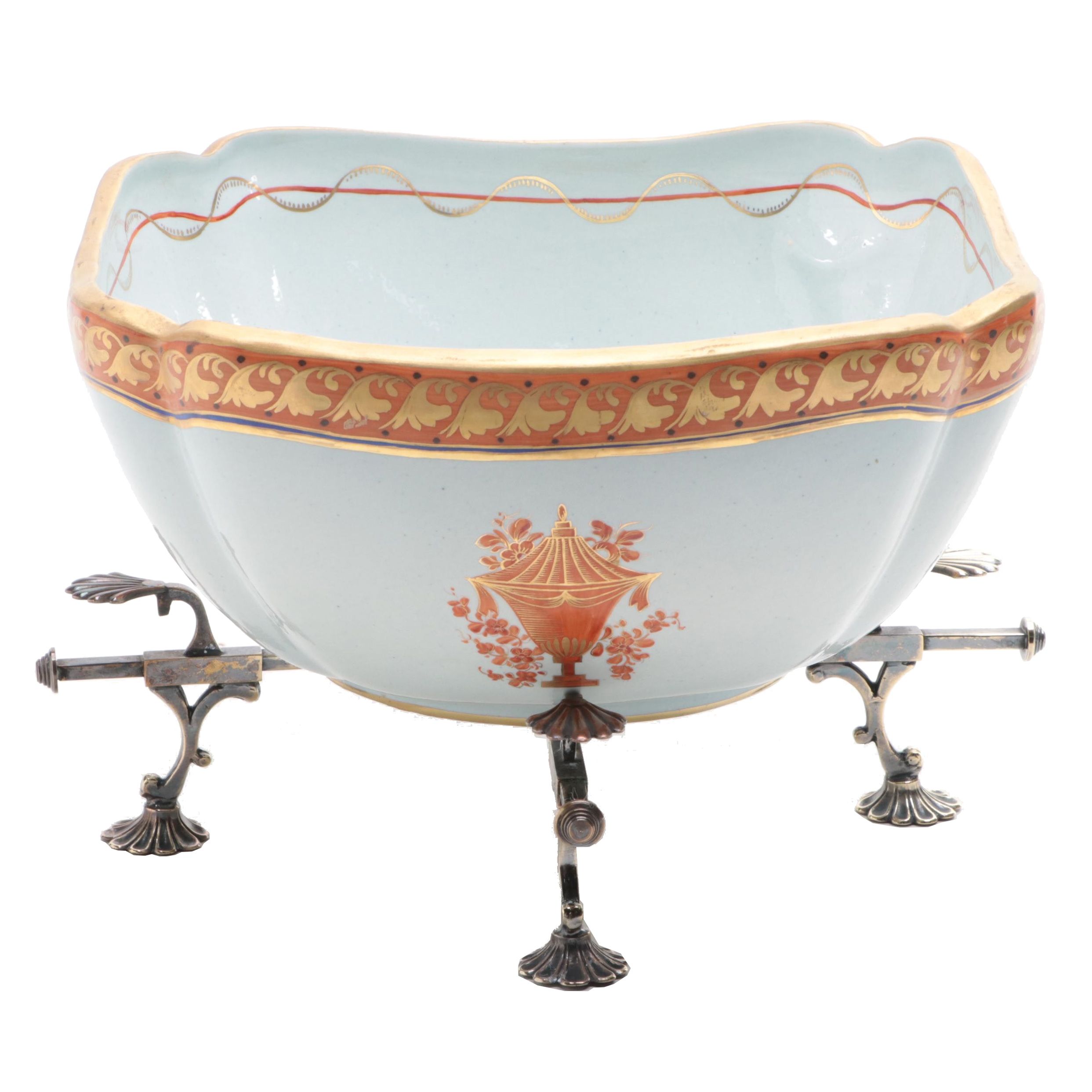 Mottahedeh Porcelain Lowestoft Bowl on Metal Stand, Mid to Late 20th Century