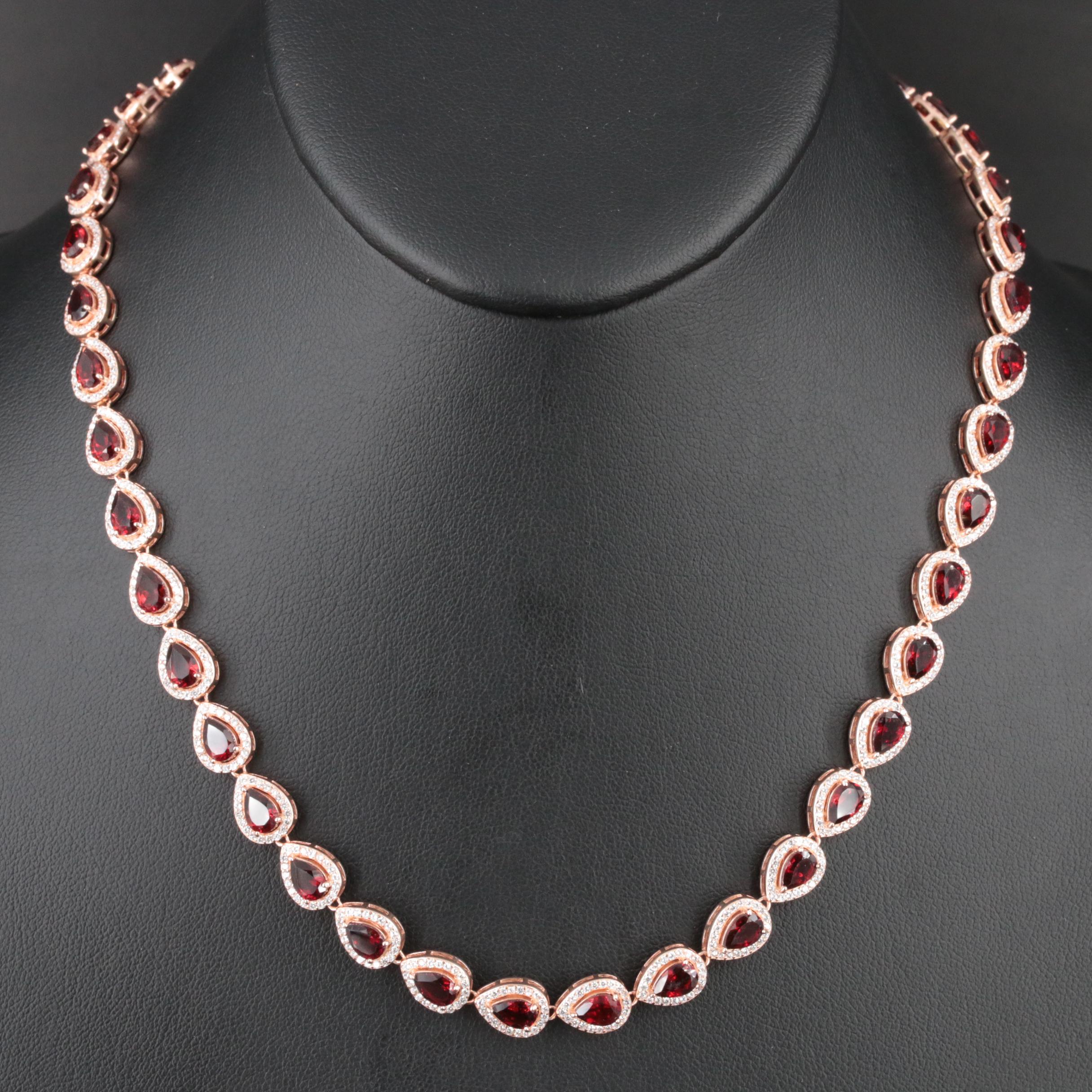 Sterling Garnet and Cubic Zirconia Rivière Necklace