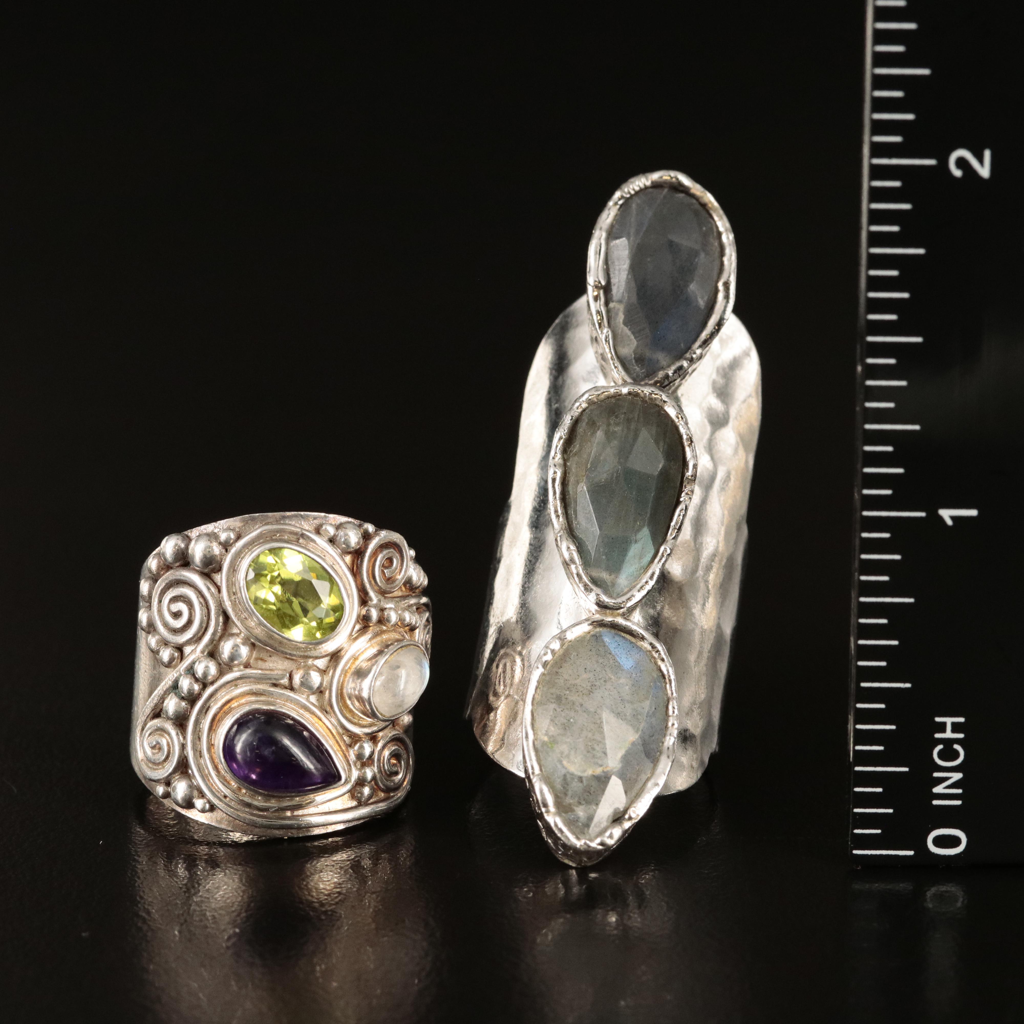 Sajen, Studio and Floral Rings Featuring Sterling, Labradorite and Moonstone