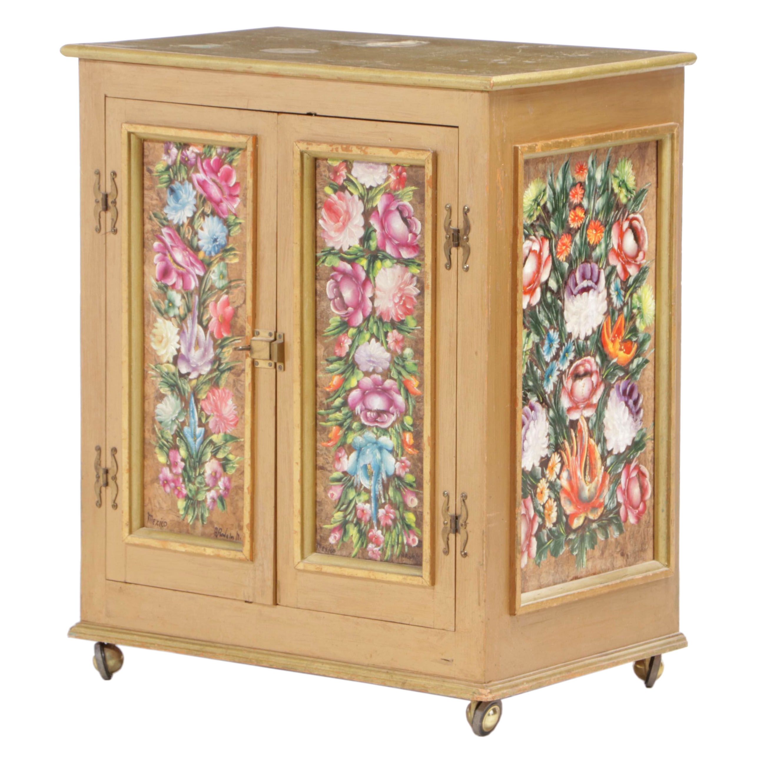 Mexican Hand-Painted Wooden Cabinet, Artist Signed