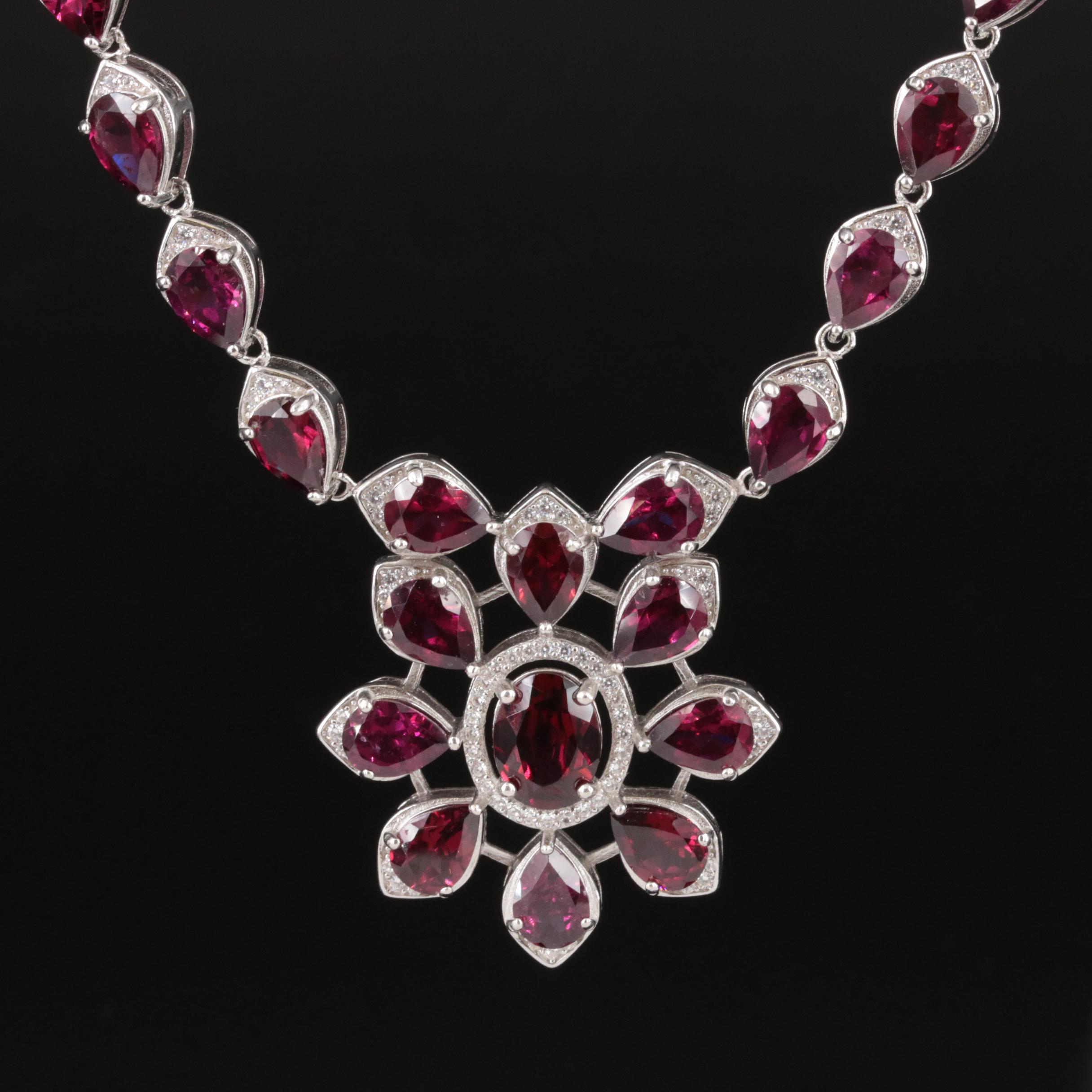 Sterling Garnet and Cubic Zirconia Lavalier Necklace