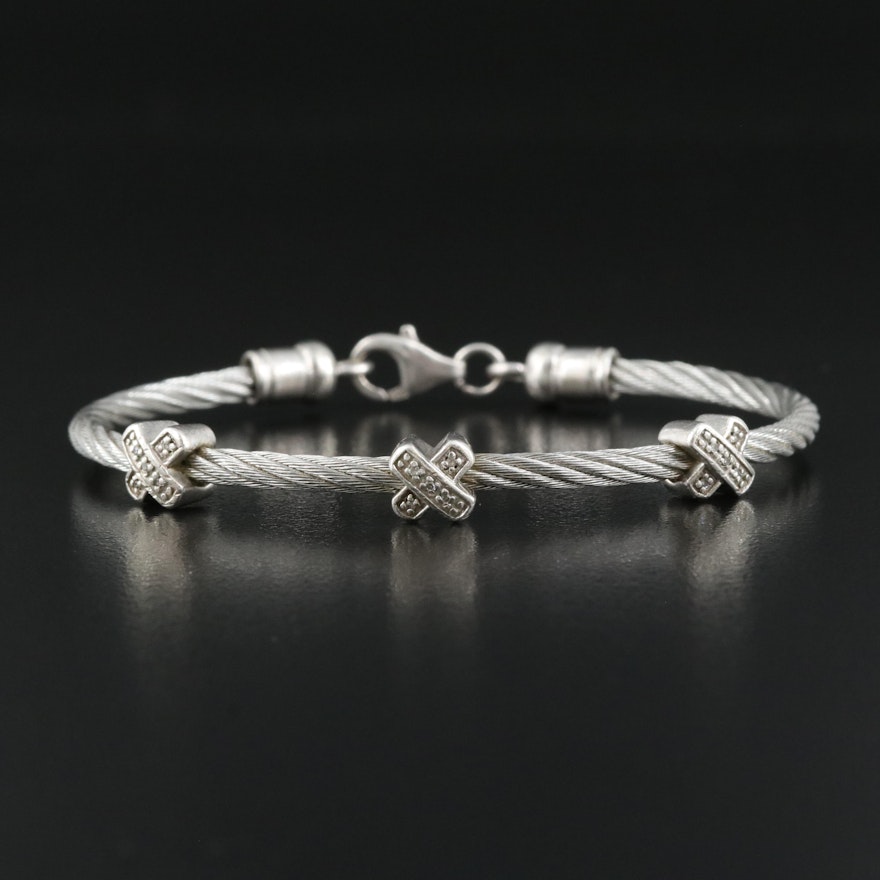 Stainless Steel Diamond "X" Bracelet with Sterling Accents