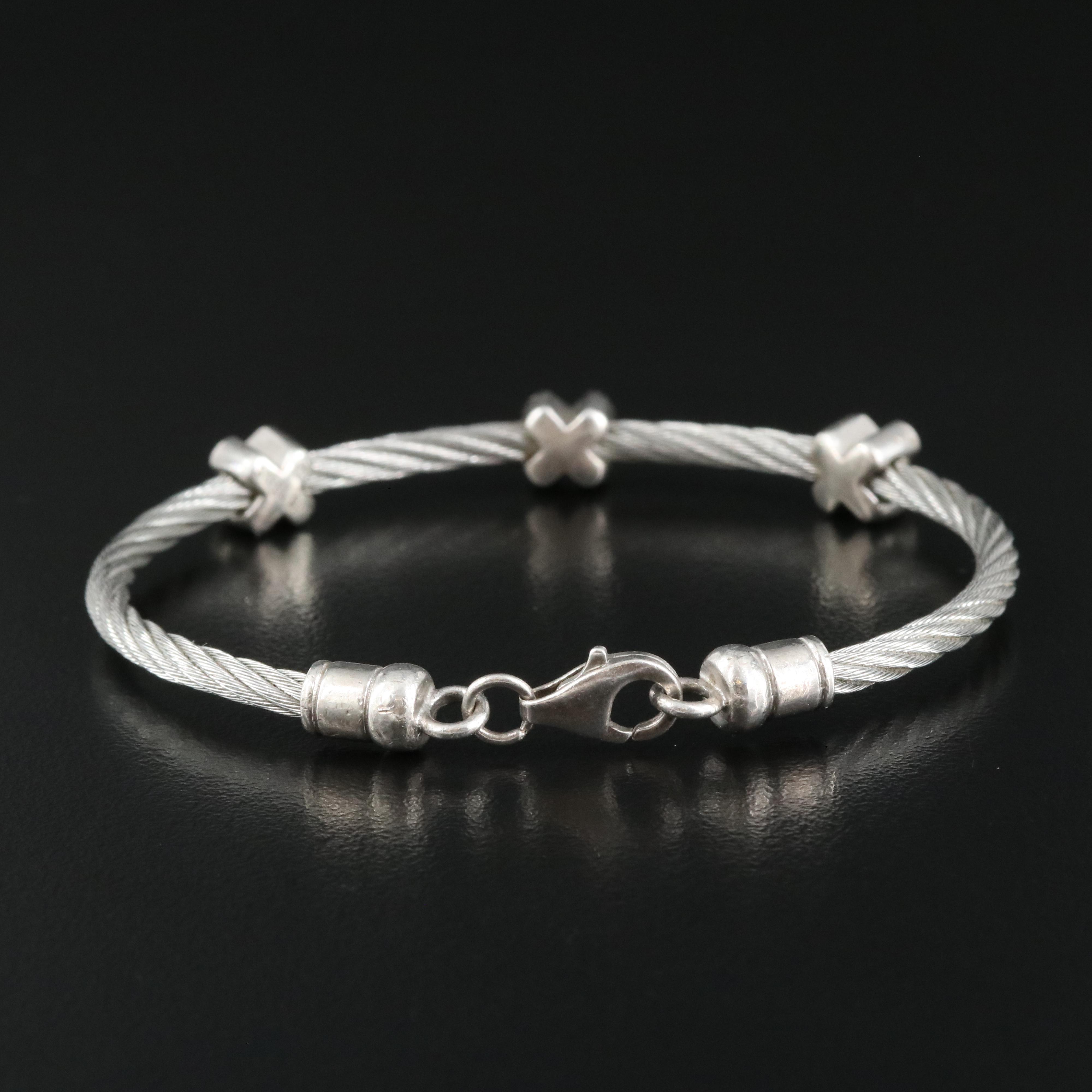 Stainless Steel Diamond "X" Bracelet with Sterling Accents
