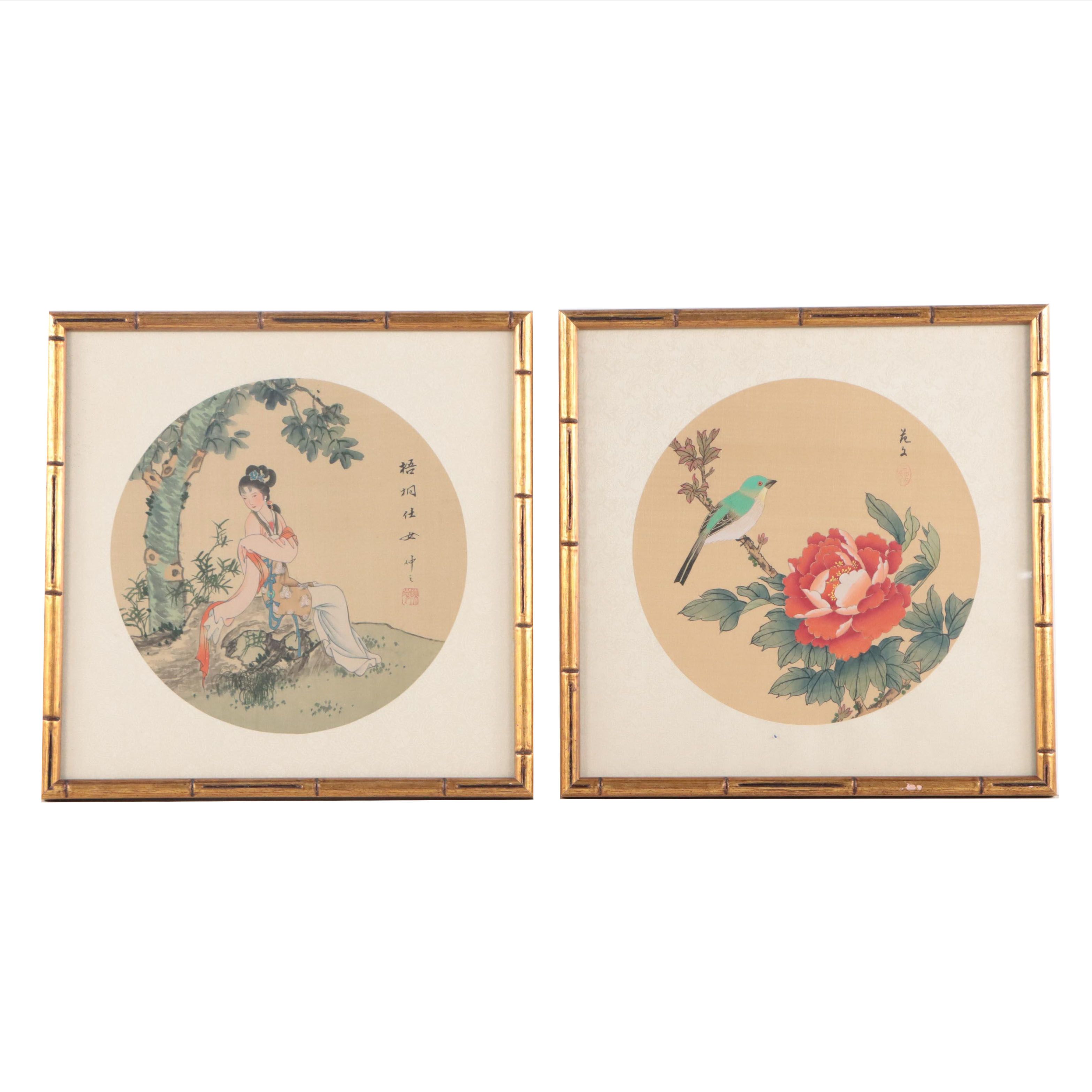 Japanese Gouache Painting of Humming Bird and Young Woman