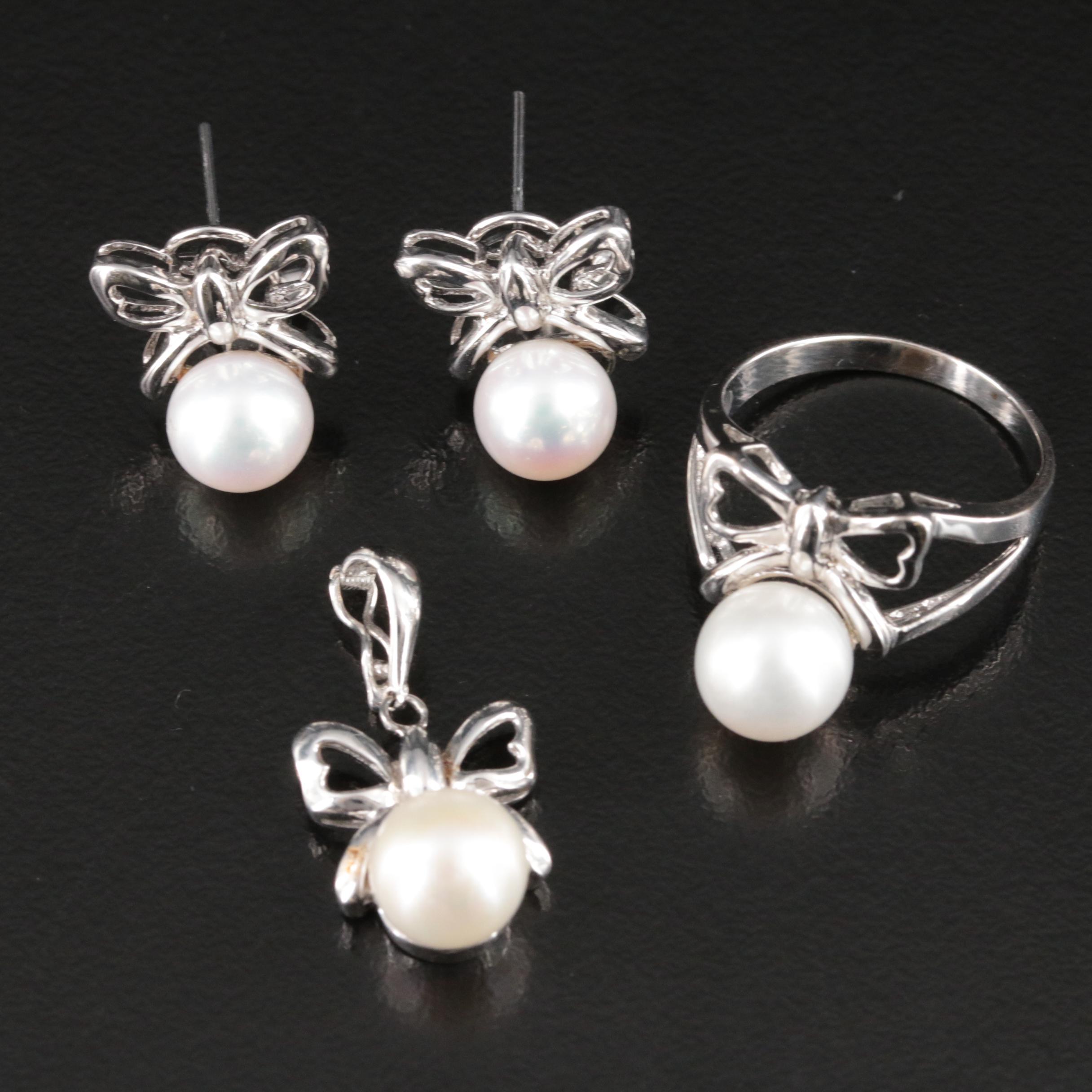 14K Pearl Bow Jewelry Including Ring, Earrings and Enhancer Pendant