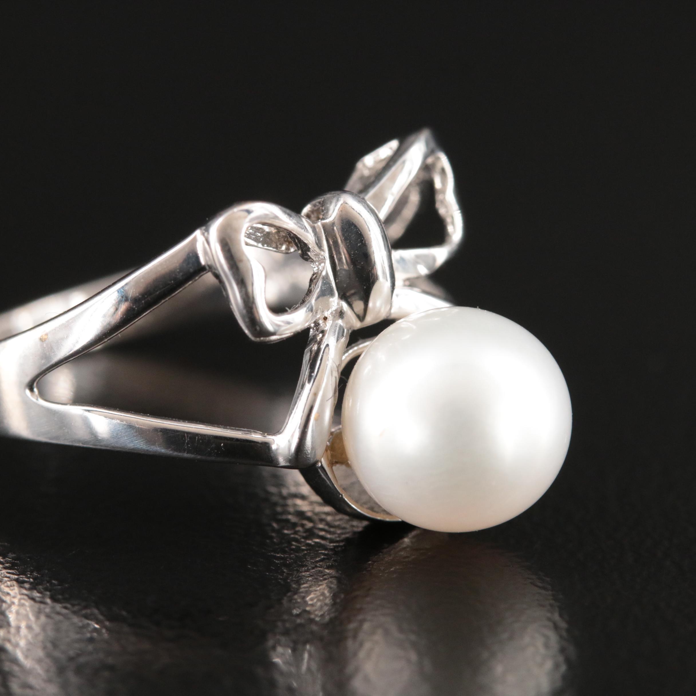 14K Pearl Bow Jewelry Including Ring, Earrings and Enhancer Pendant