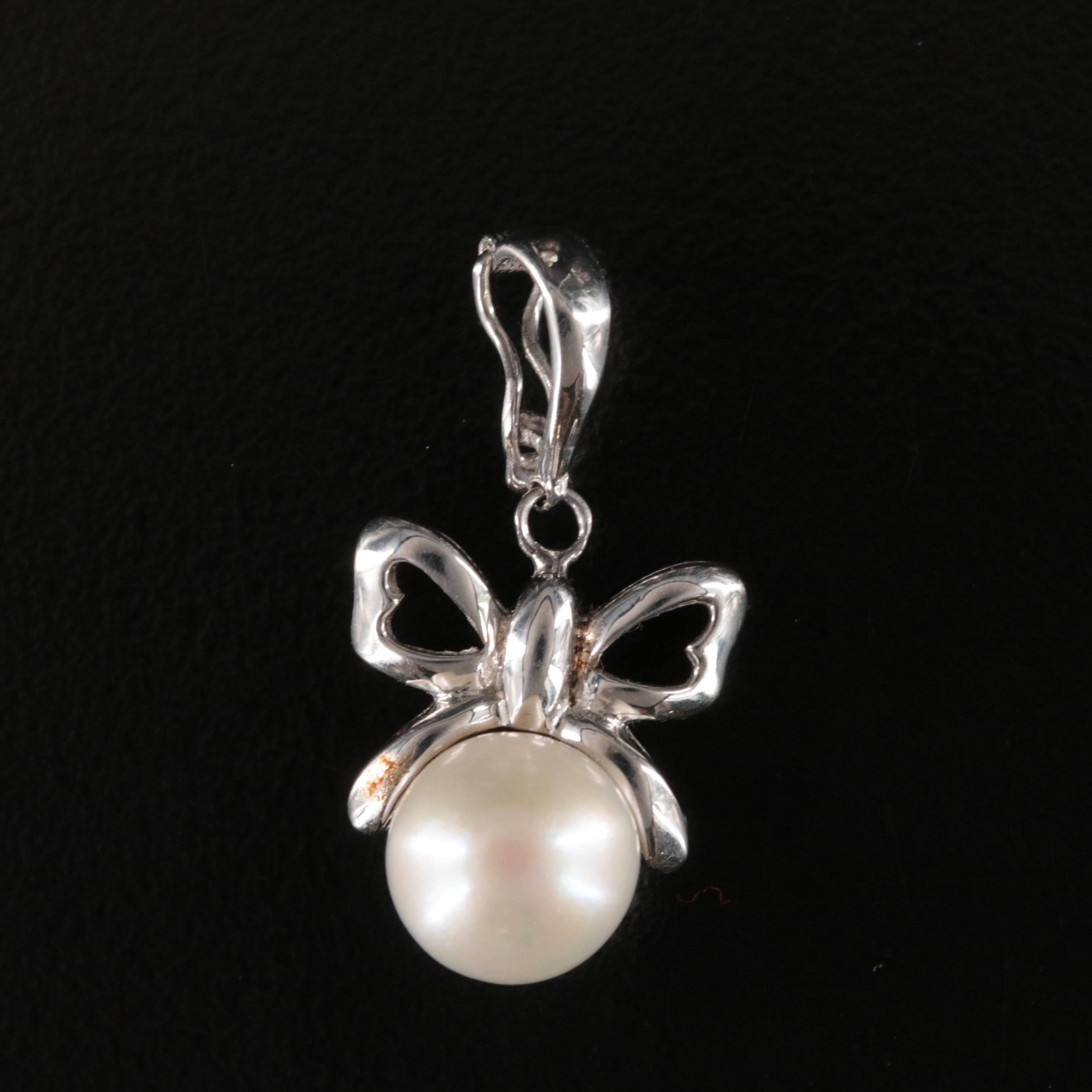 14K Pearl Bow Jewelry Including Ring, Earrings and Enhancer Pendant