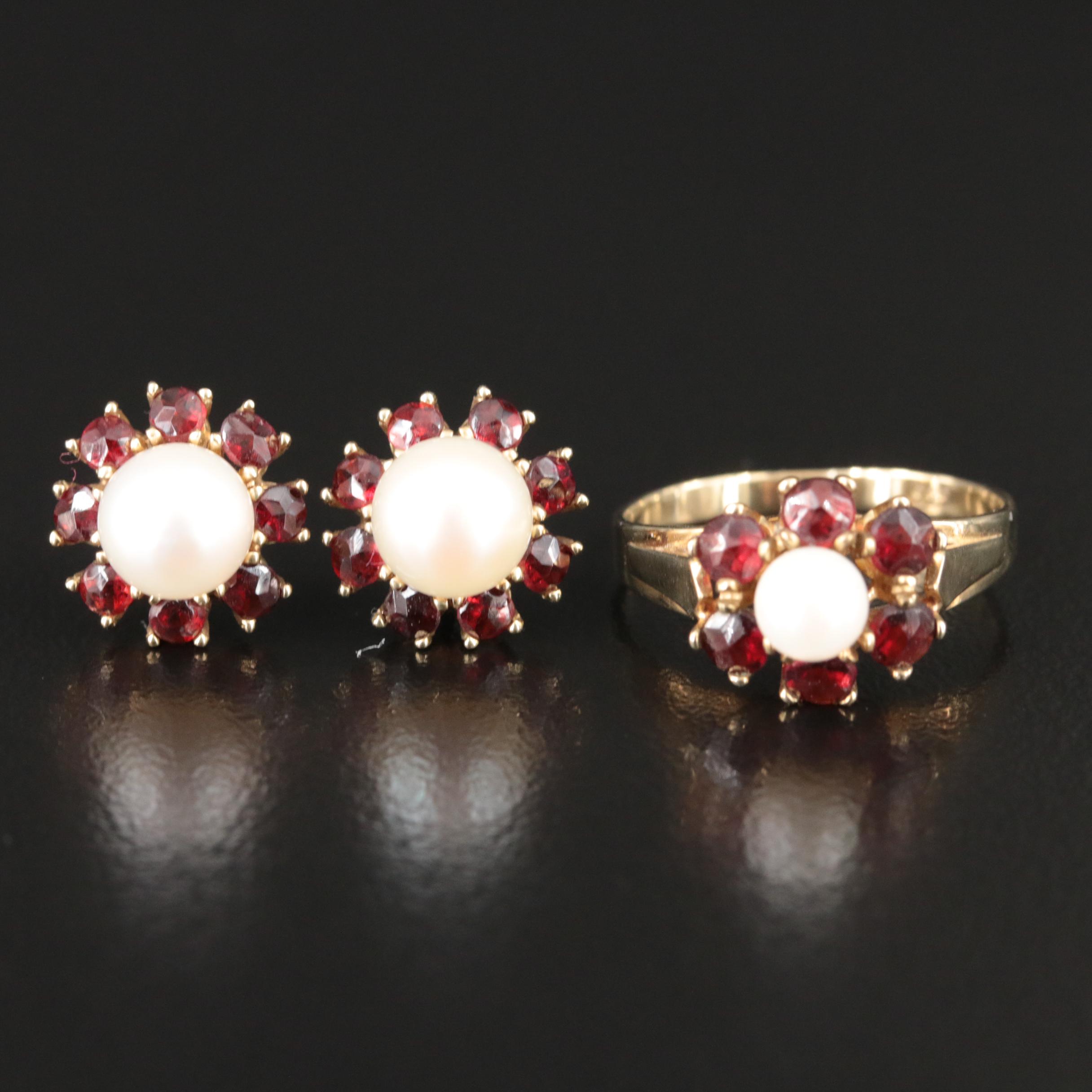 Vintage 8K Pearl and Garnet Earrings and Ring Set