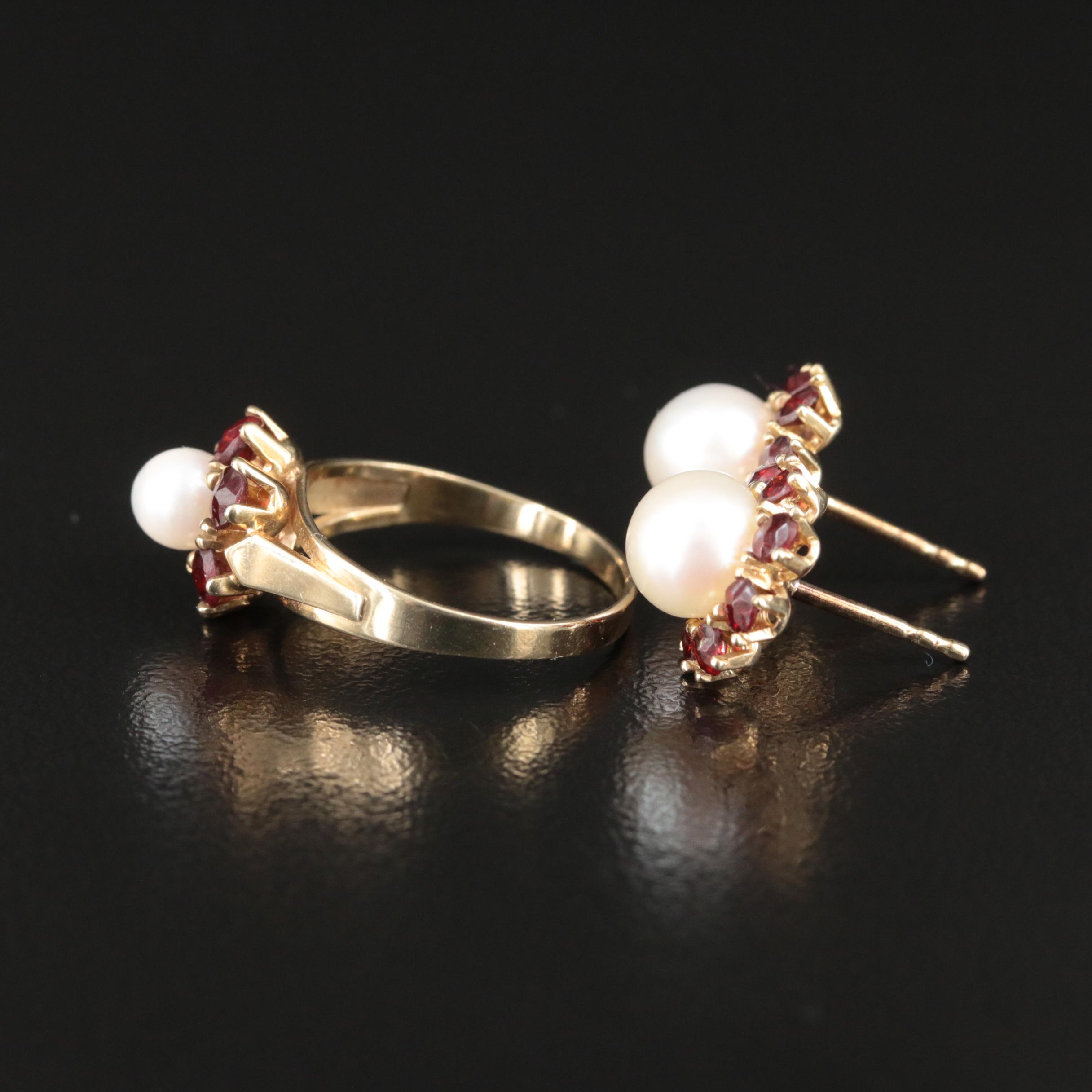 Vintage 8K Pearl and Garnet Earrings and Ring Set