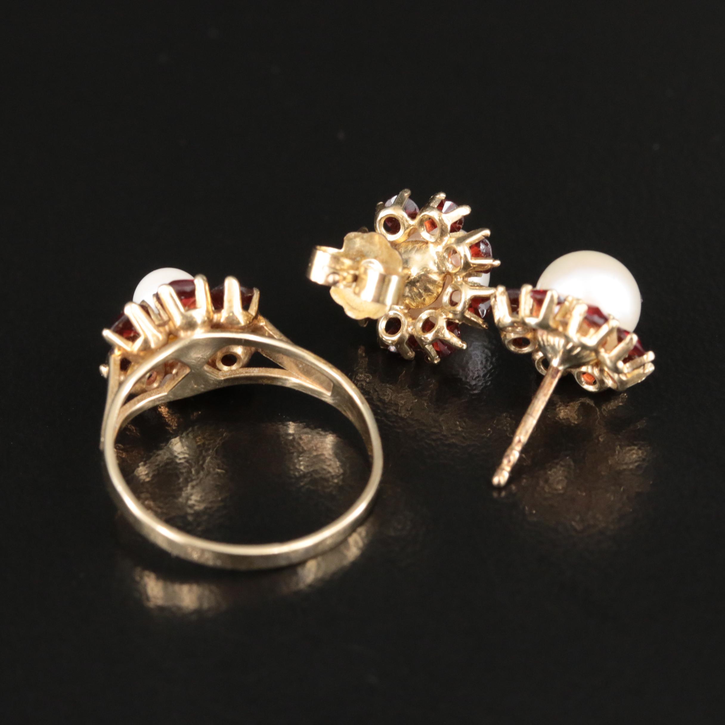 Vintage 8K Pearl and Garnet Earrings and Ring Set
