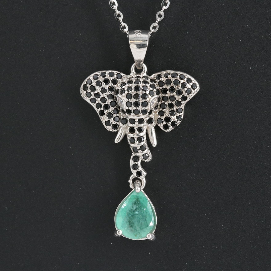 Sterling Emerald and Cubic Zirconia Elephant Pendant Necklace