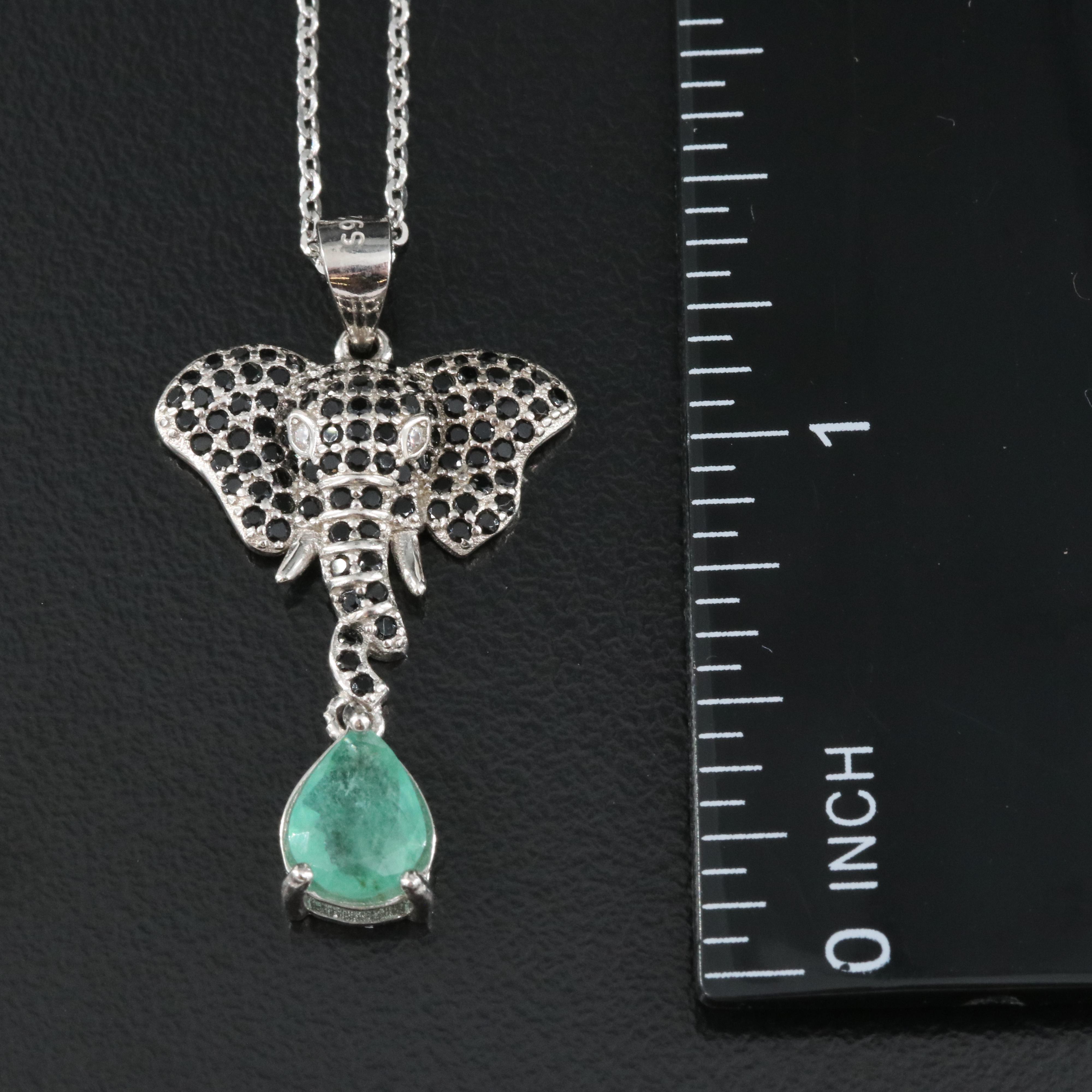 Sterling Emerald and Cubic Zirconia Elephant Pendant Necklace