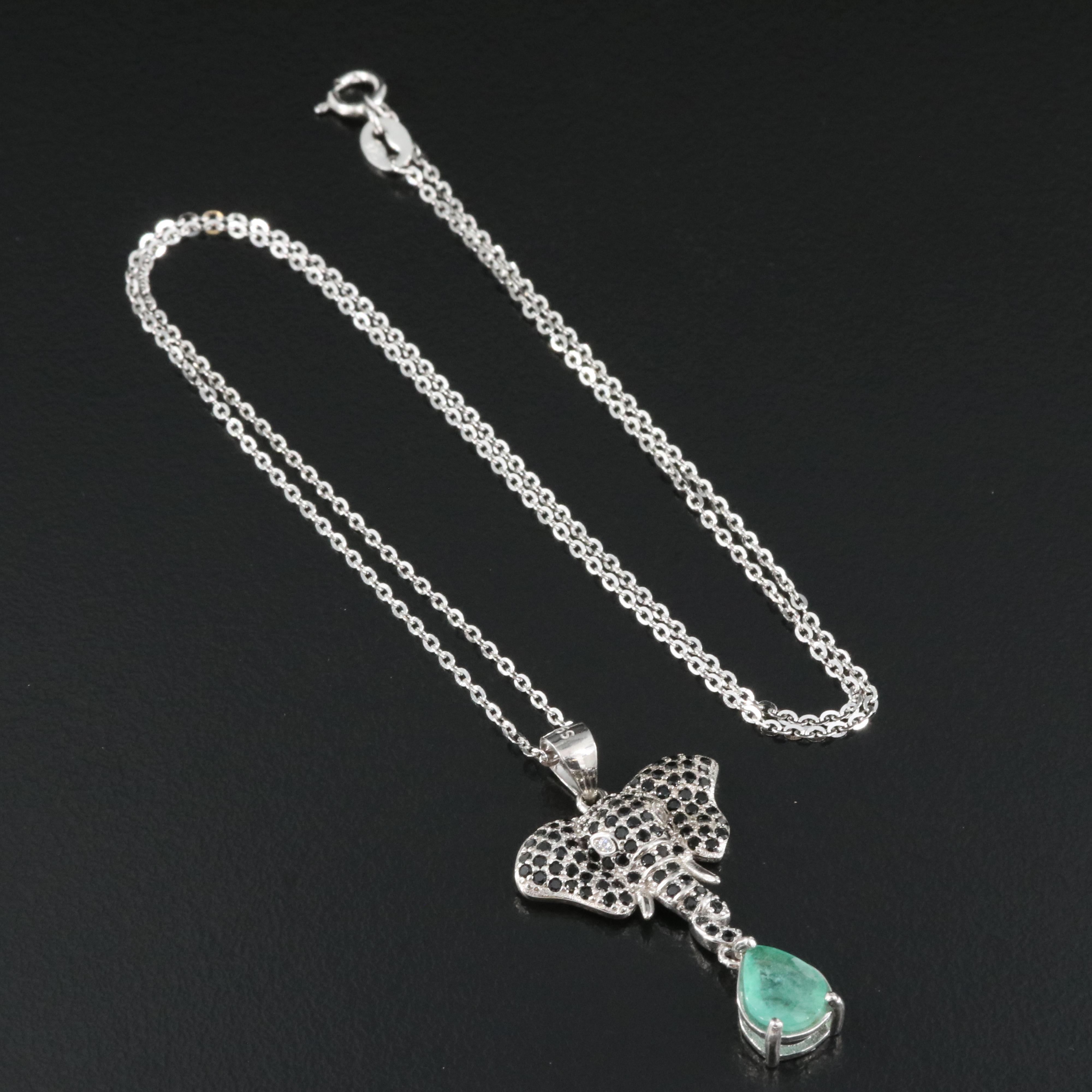 Sterling Emerald and Cubic Zirconia Elephant Pendant Necklace