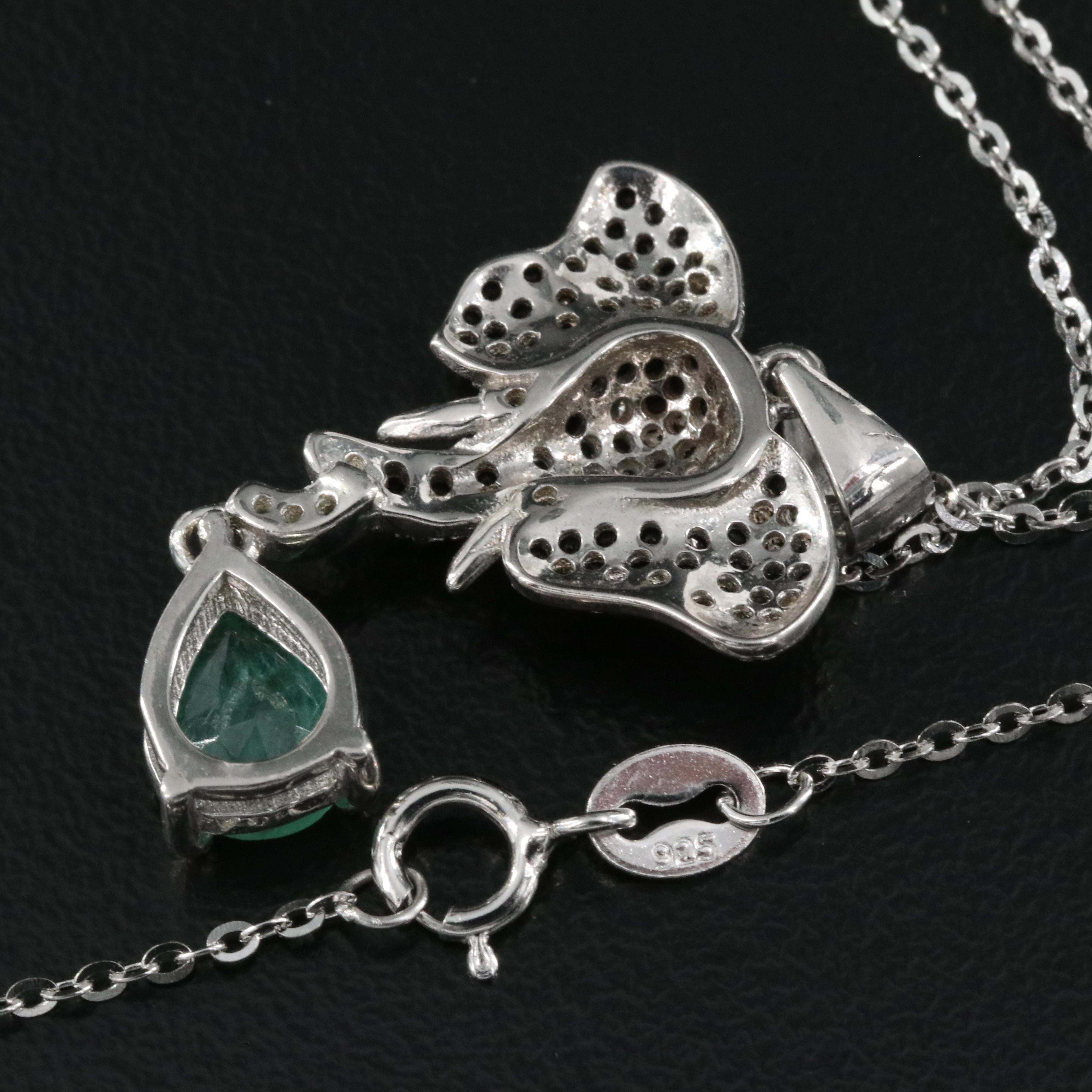 Sterling Emerald and Cubic Zirconia Elephant Pendant Necklace