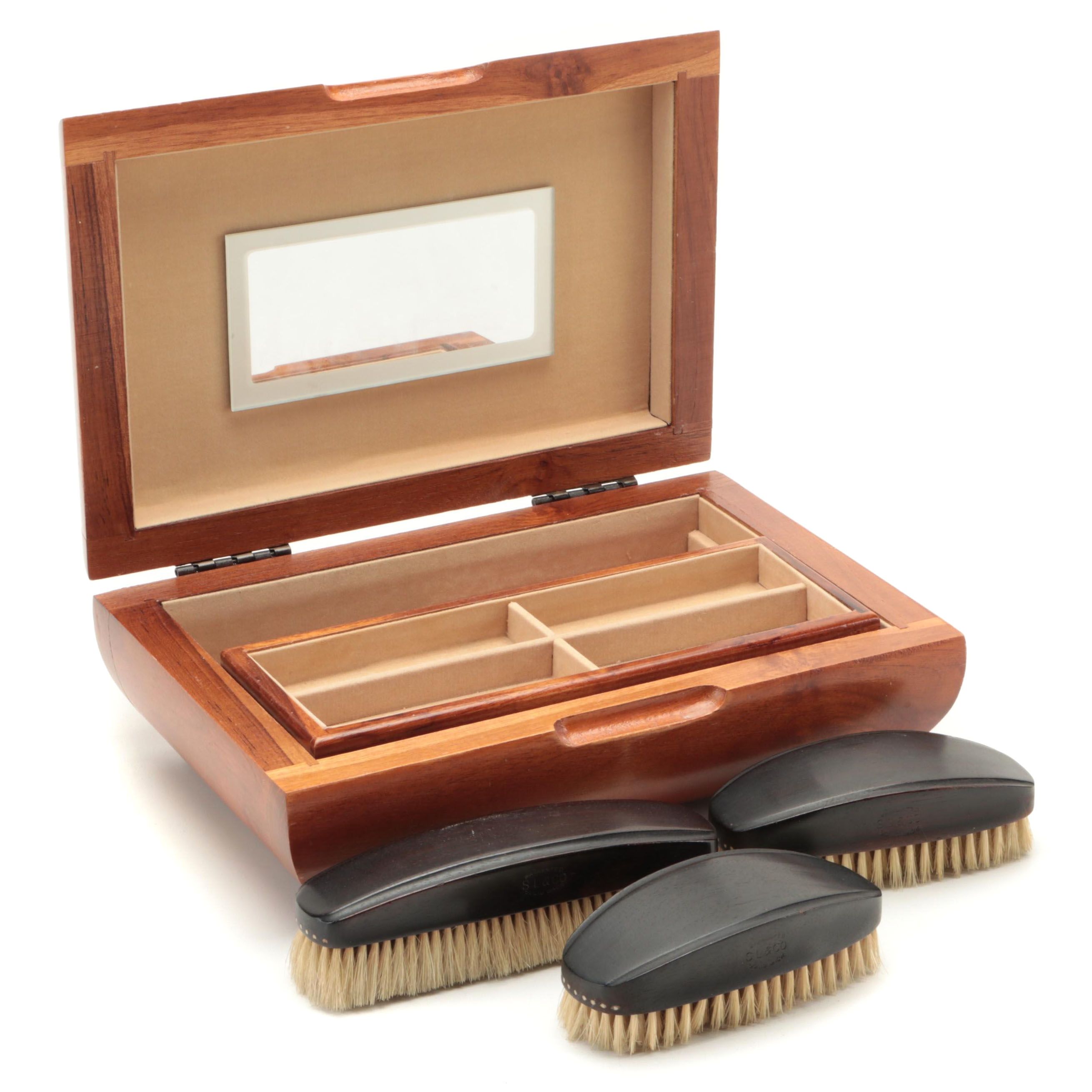 London Leather Hand-Carved Teak Jewelry Box With Boar Bristle Clothes Brushes