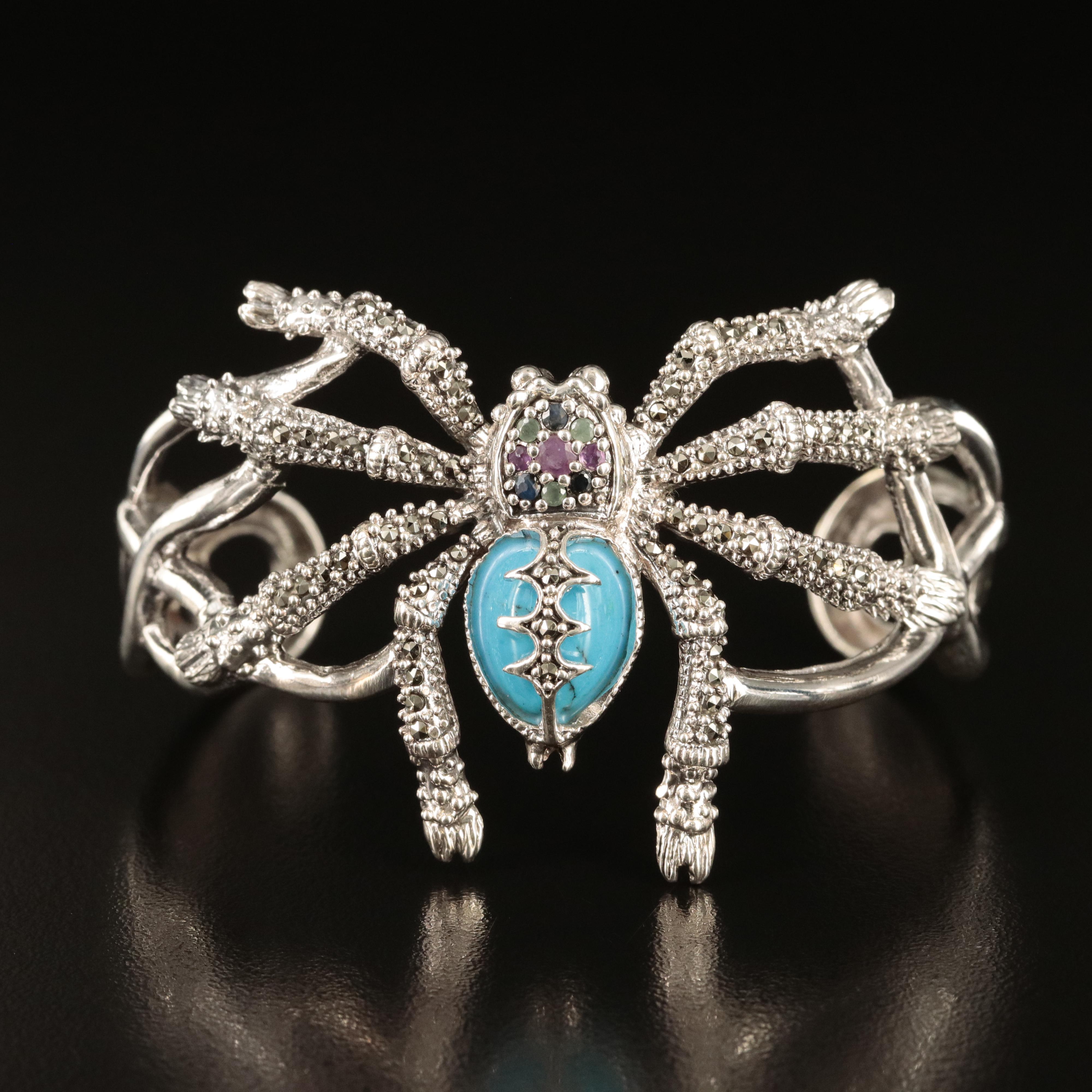 Sterling Spider Cuff Including Ruby, Marcasite and Sapphire