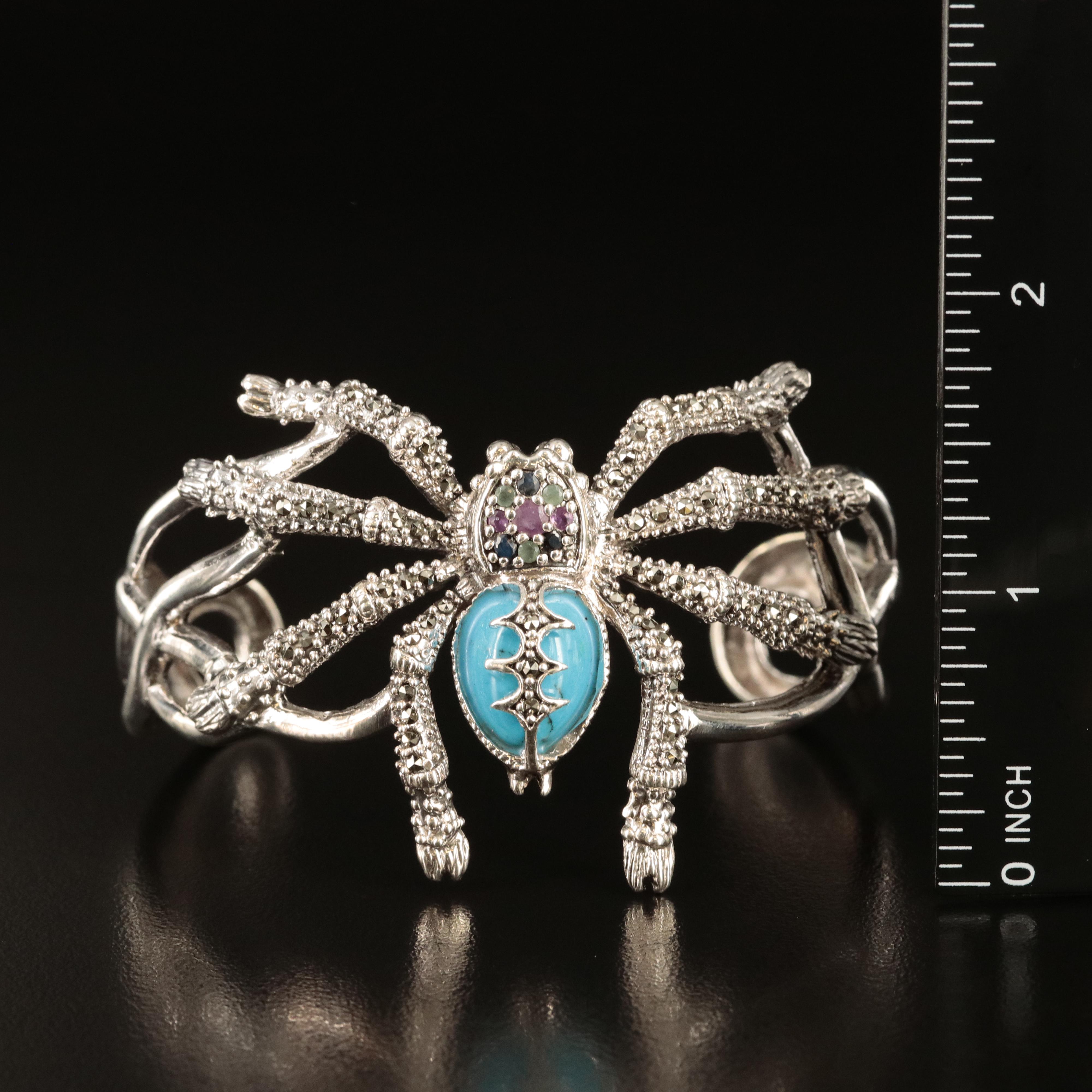Sterling Spider Cuff Including Ruby, Marcasite and Sapphire