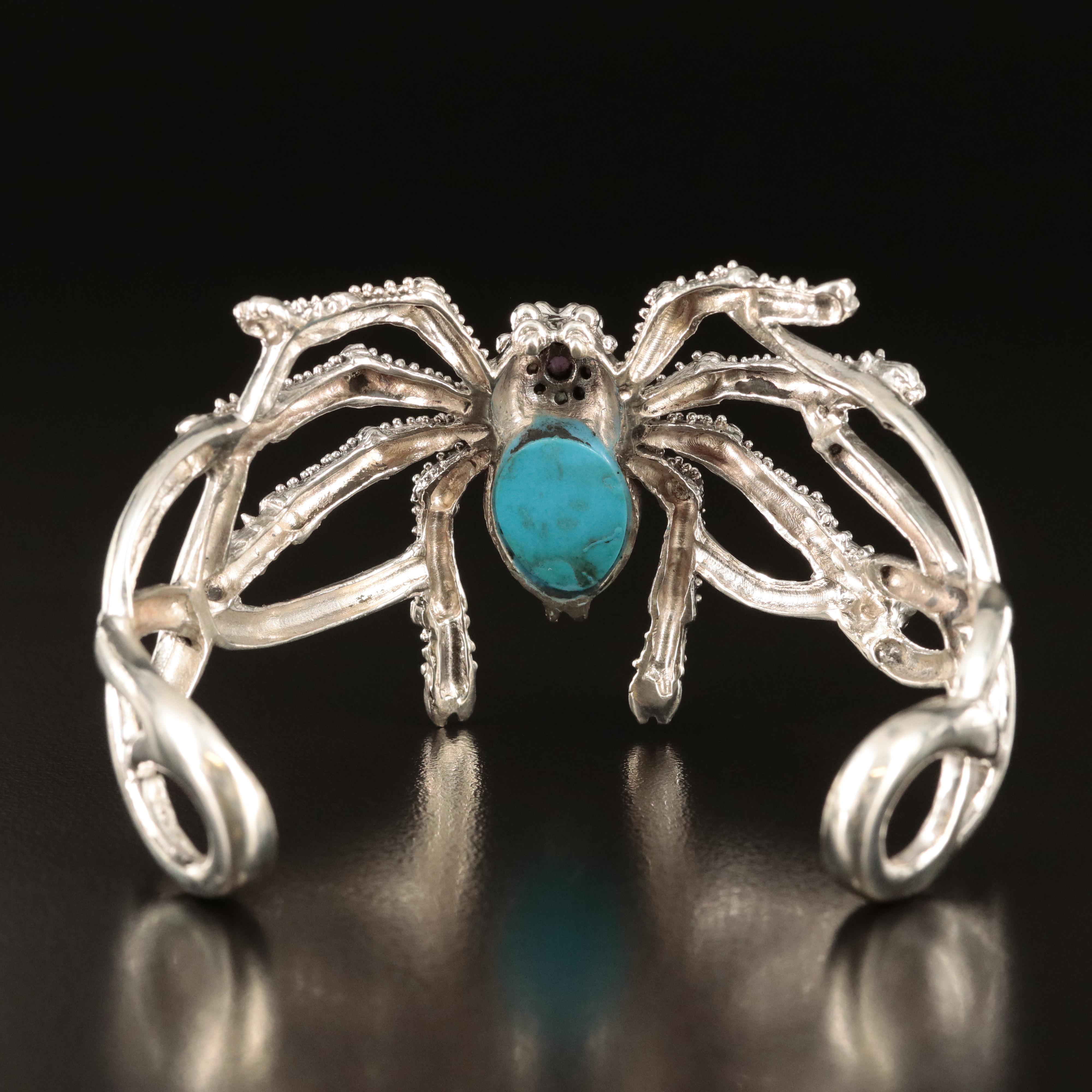 Sterling Spider Cuff Including Ruby, Marcasite and Sapphire