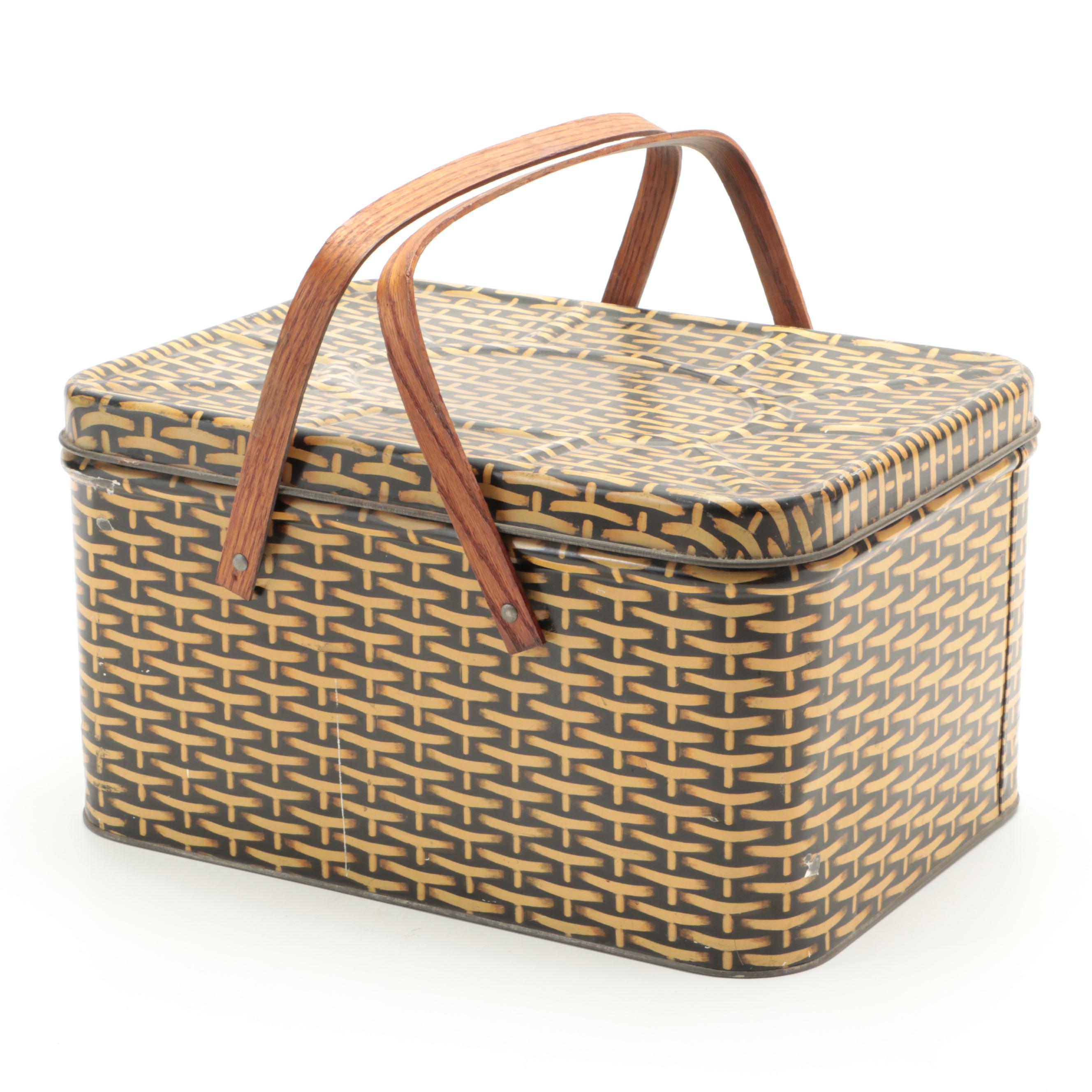 Metal Picnic Basket with Novelty Salt and Pepper Shakers, Mid-20th Century