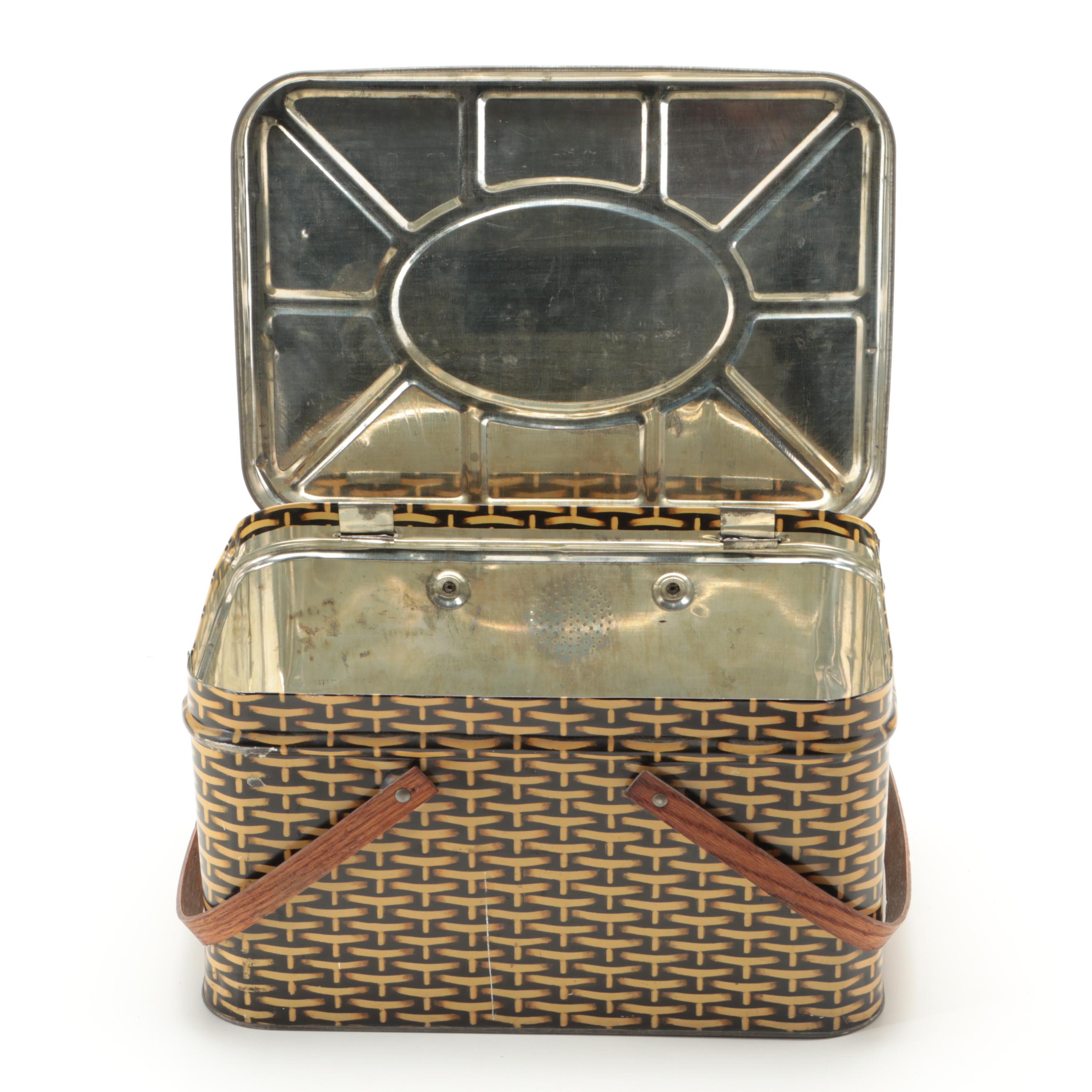 Metal Picnic Basket with Novelty Salt and Pepper Shakers, Mid-20th Century