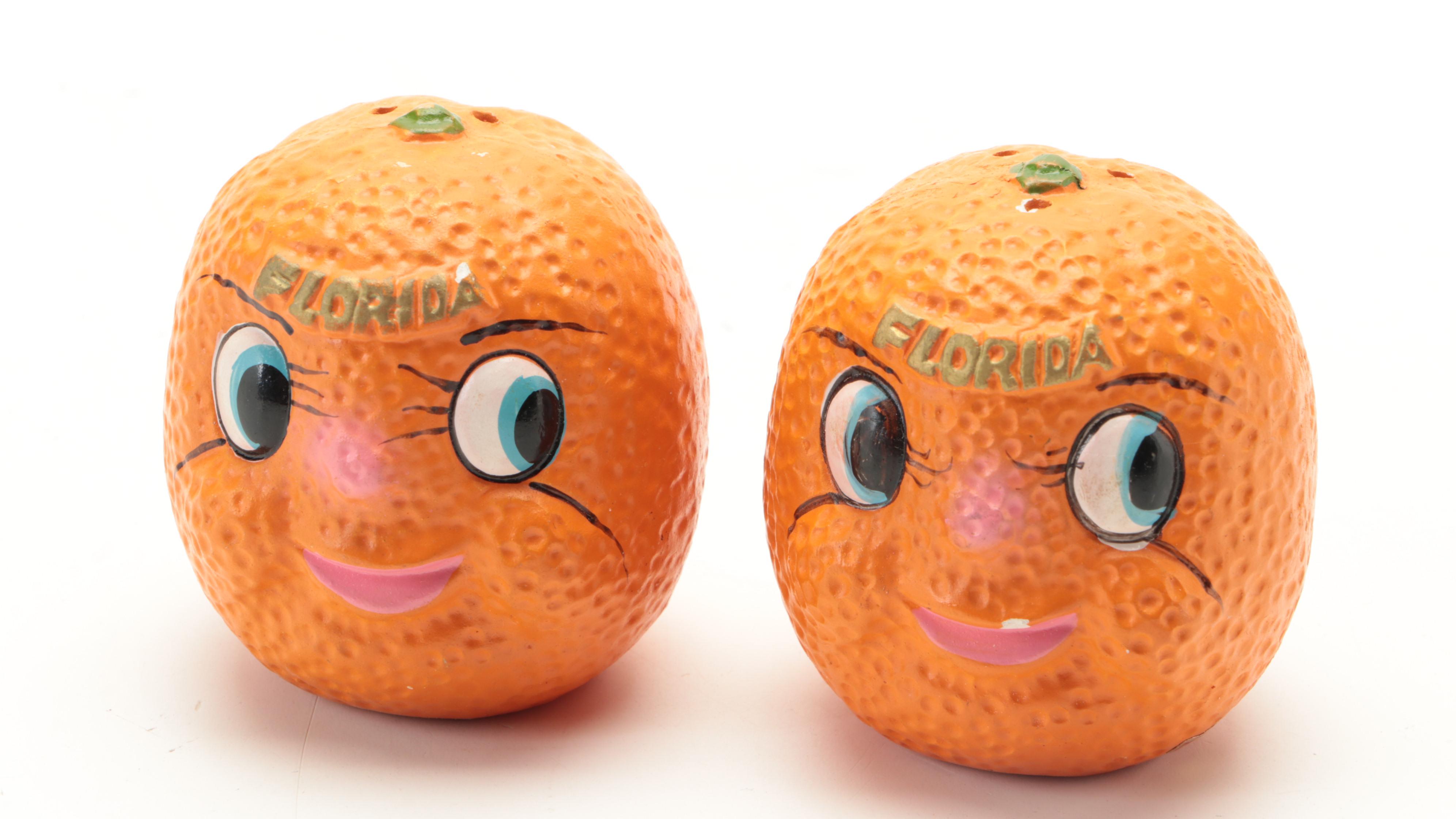 Metal Picnic Basket with Novelty Salt and Pepper Shakers, Mid-20th Century