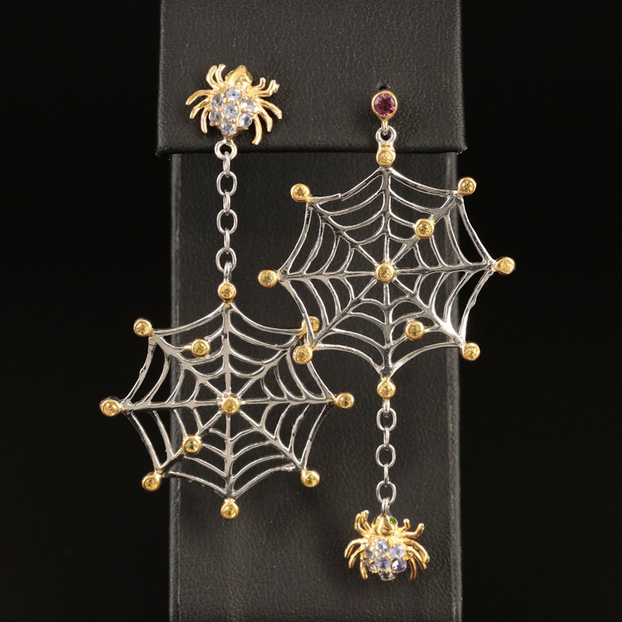 Sterling Tanzanite, Sapphire and Rhodolite Garnet Spider and Web Earrings