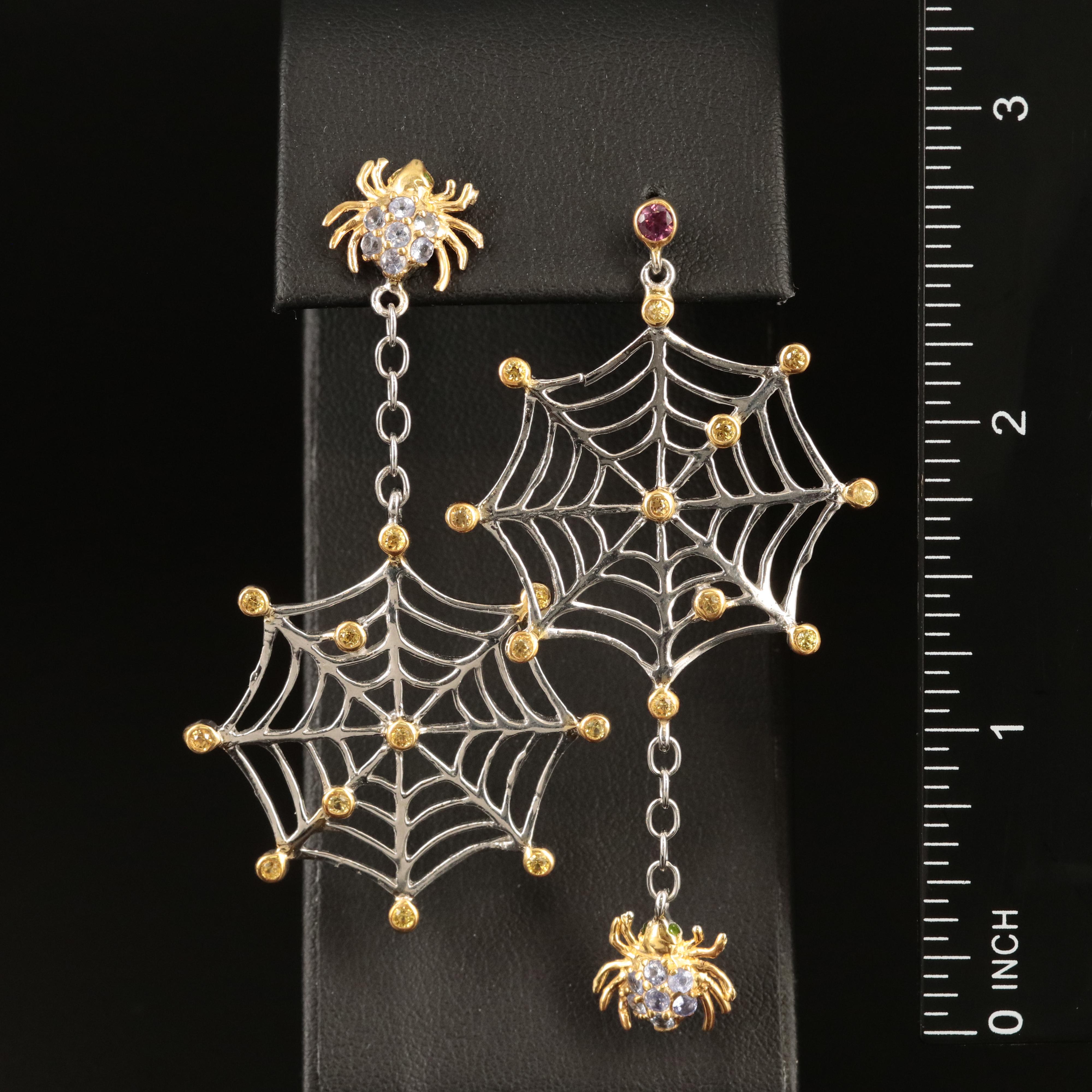 Sterling Tanzanite, Sapphire and Rhodolite Garnet Spider and Web Earrings