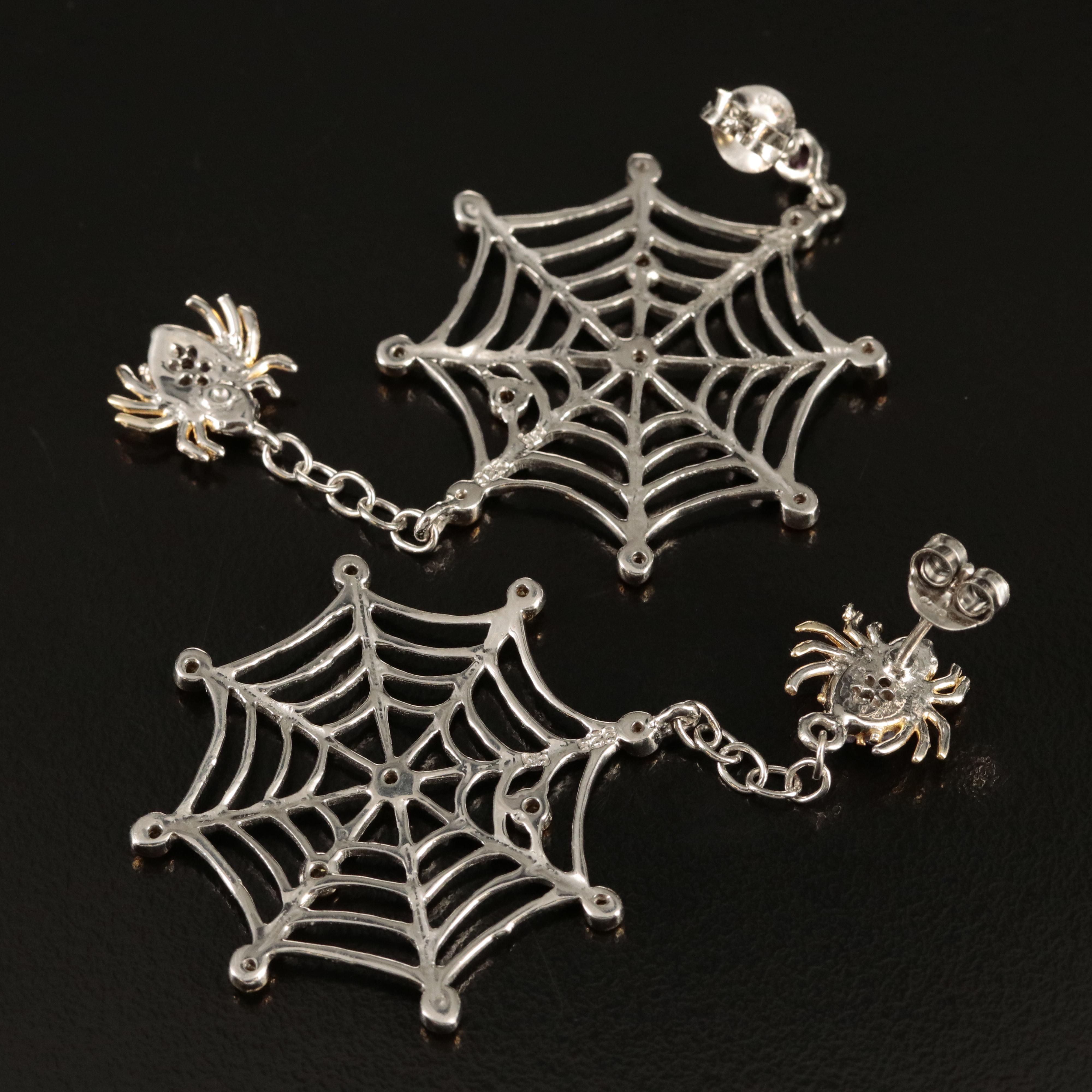 Sterling Tanzanite, Sapphire and Rhodolite Garnet Spider and Web Earrings