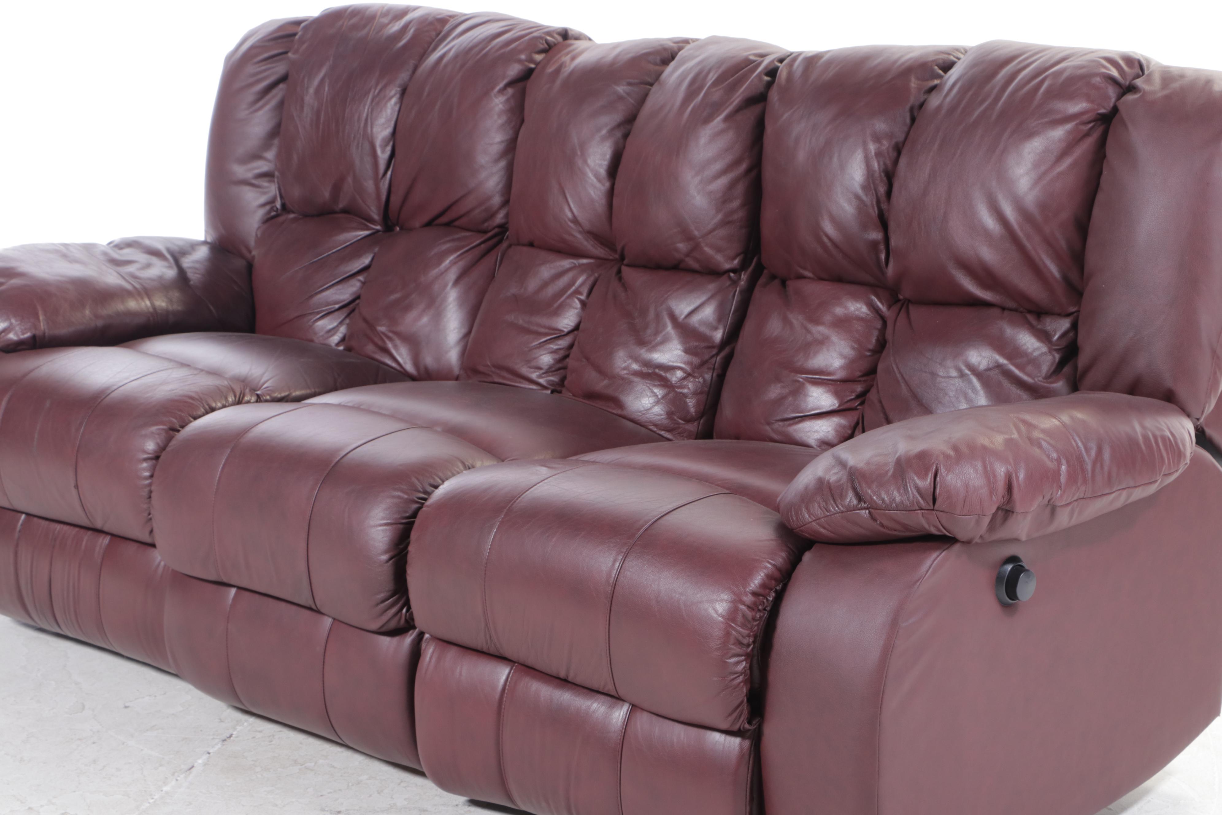 Burgundy Vinyl Overstuffed Recliner Sofa