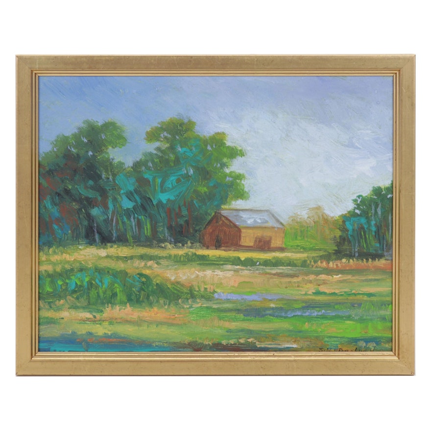 Sulmaz Radvand Oil Painting of Barn in Pastoral Field, 21st Century