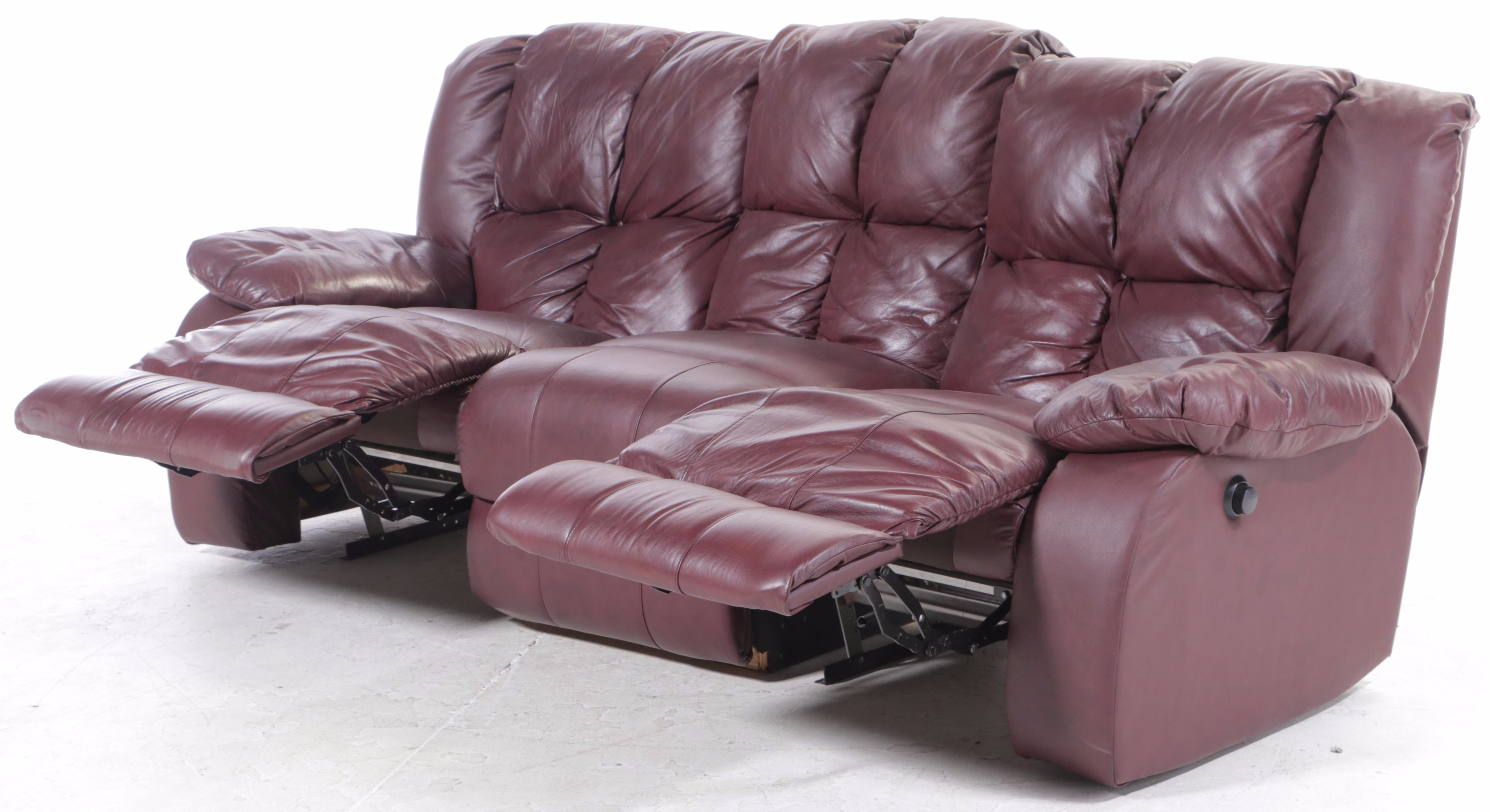Burgundy Vinyl Overstuffed Recliner Sofa