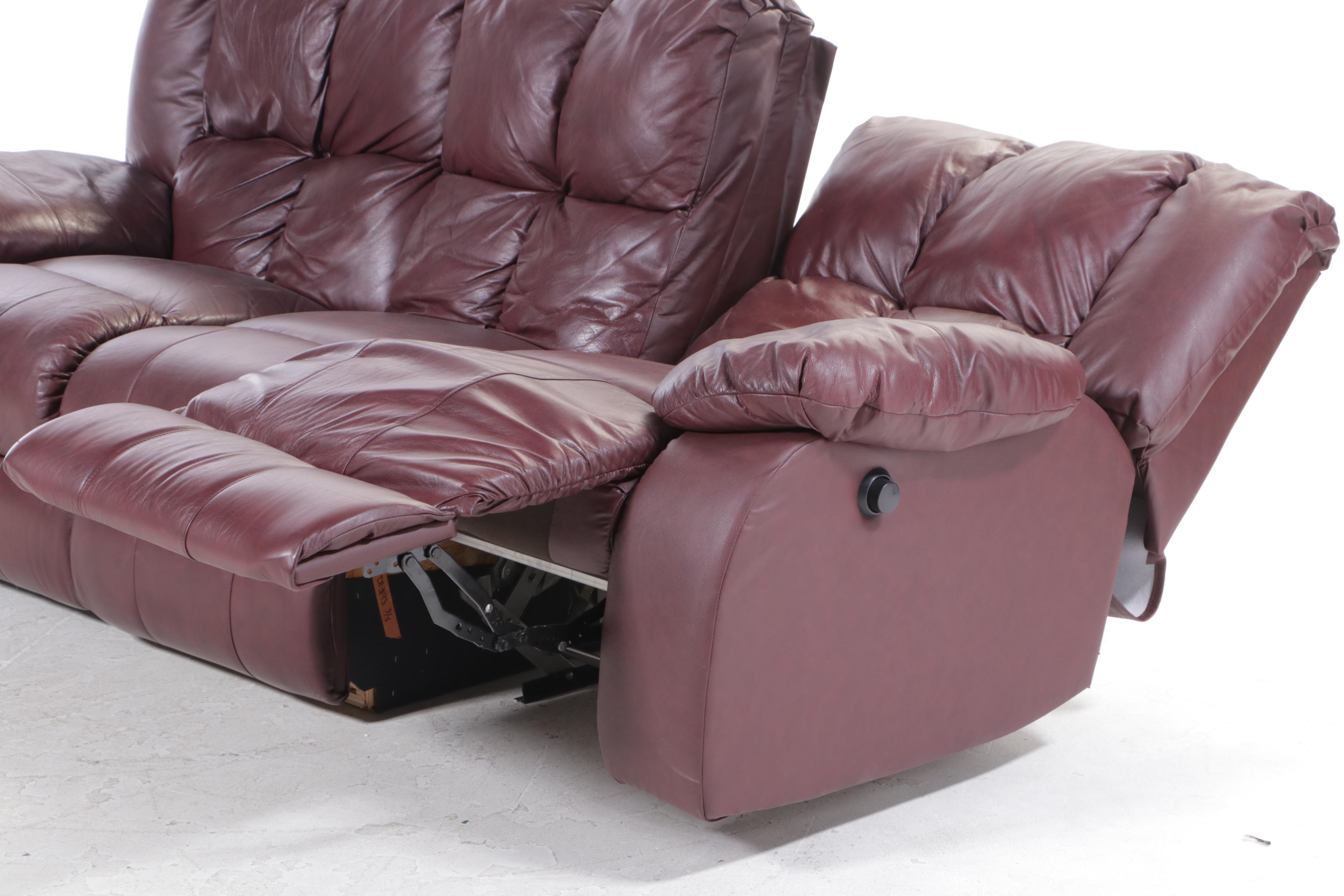 Burgundy Vinyl Overstuffed Recliner Sofa
