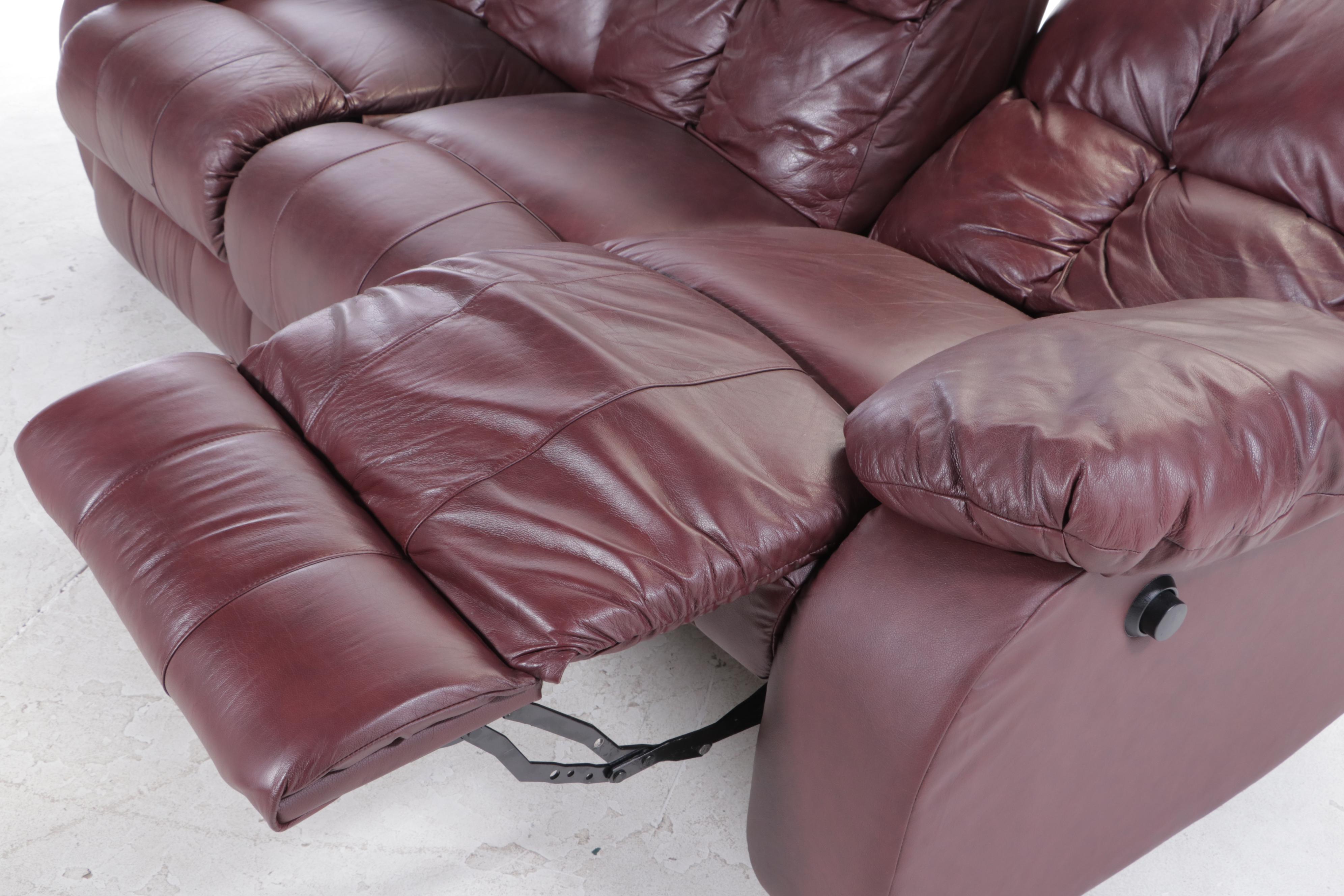 Burgundy Vinyl Overstuffed Recliner Sofa