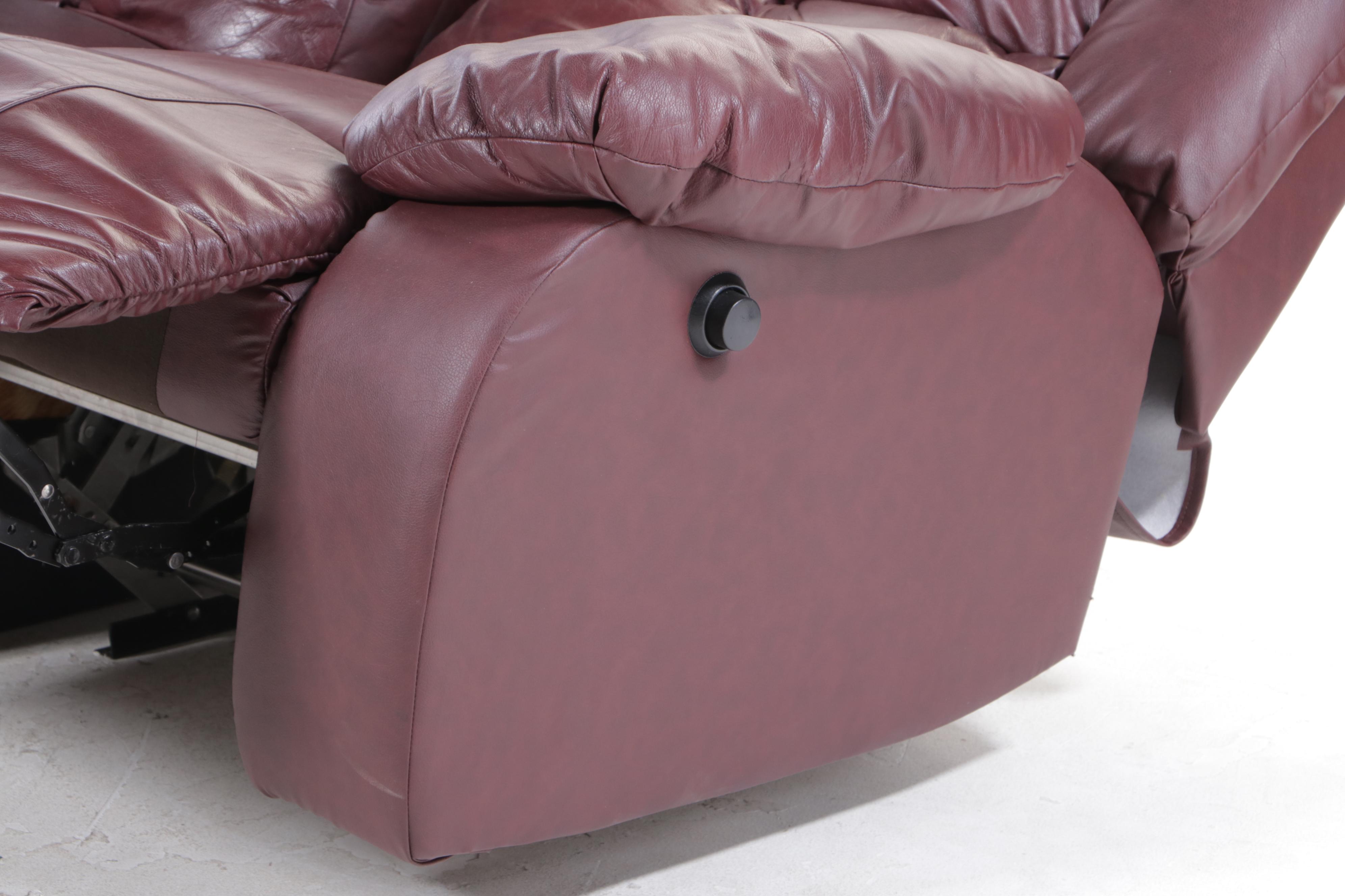 Burgundy Vinyl Overstuffed Recliner Sofa