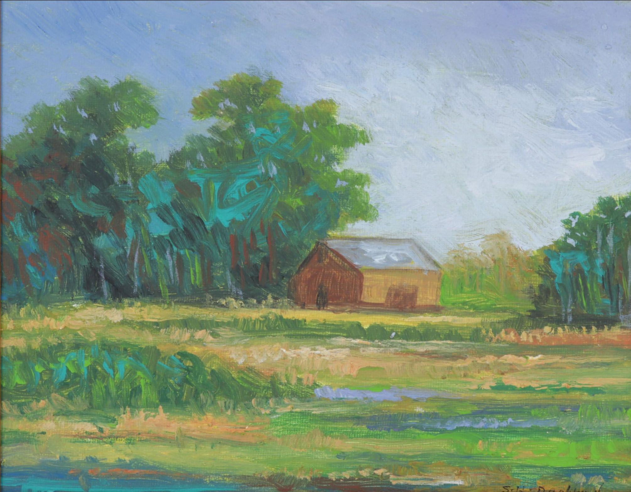 Sulmaz Radvand Oil Painting of Barn in Pastoral Field, 21st Century