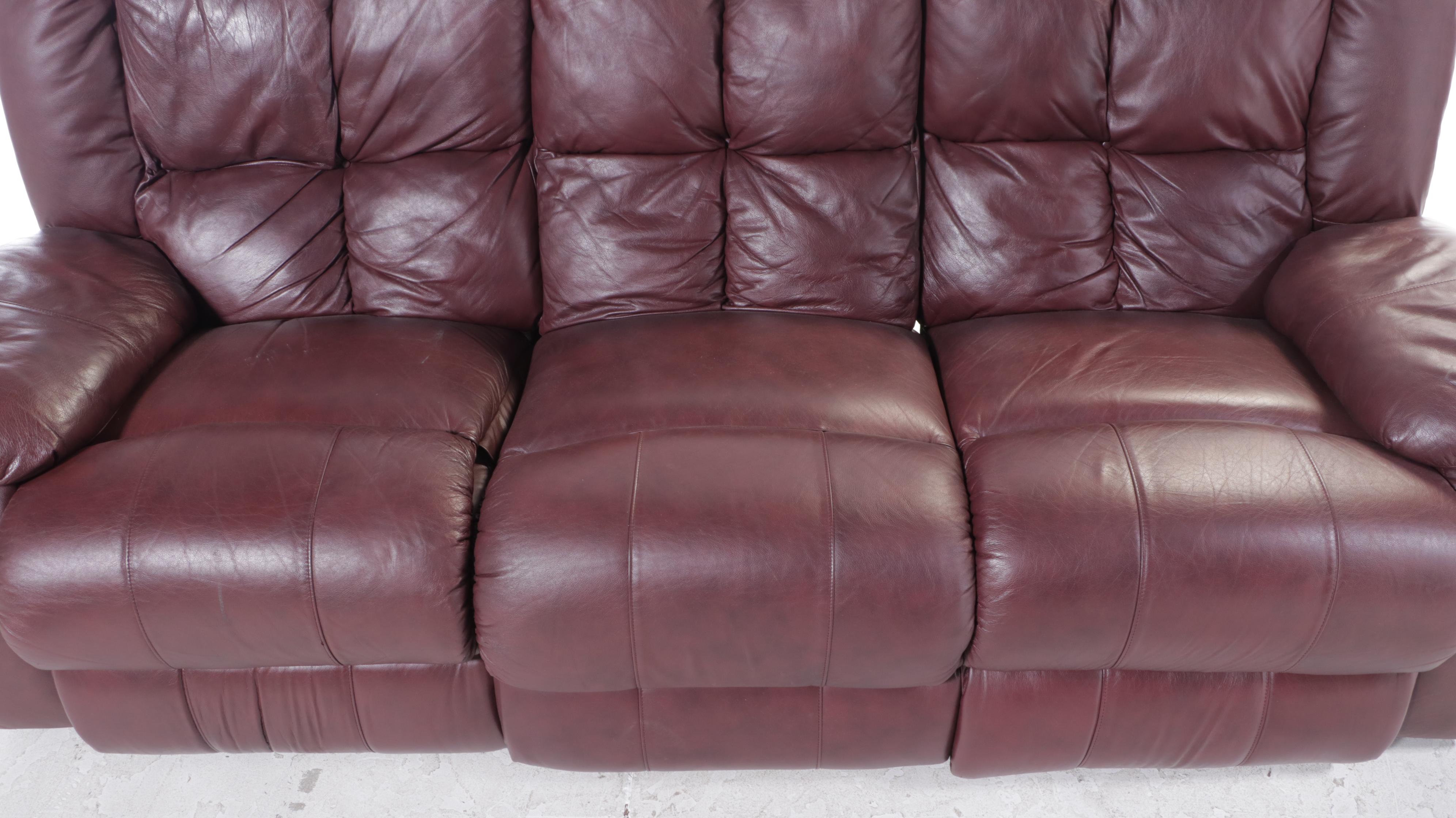 Burgundy Vinyl Overstuffed Recliner Sofa
