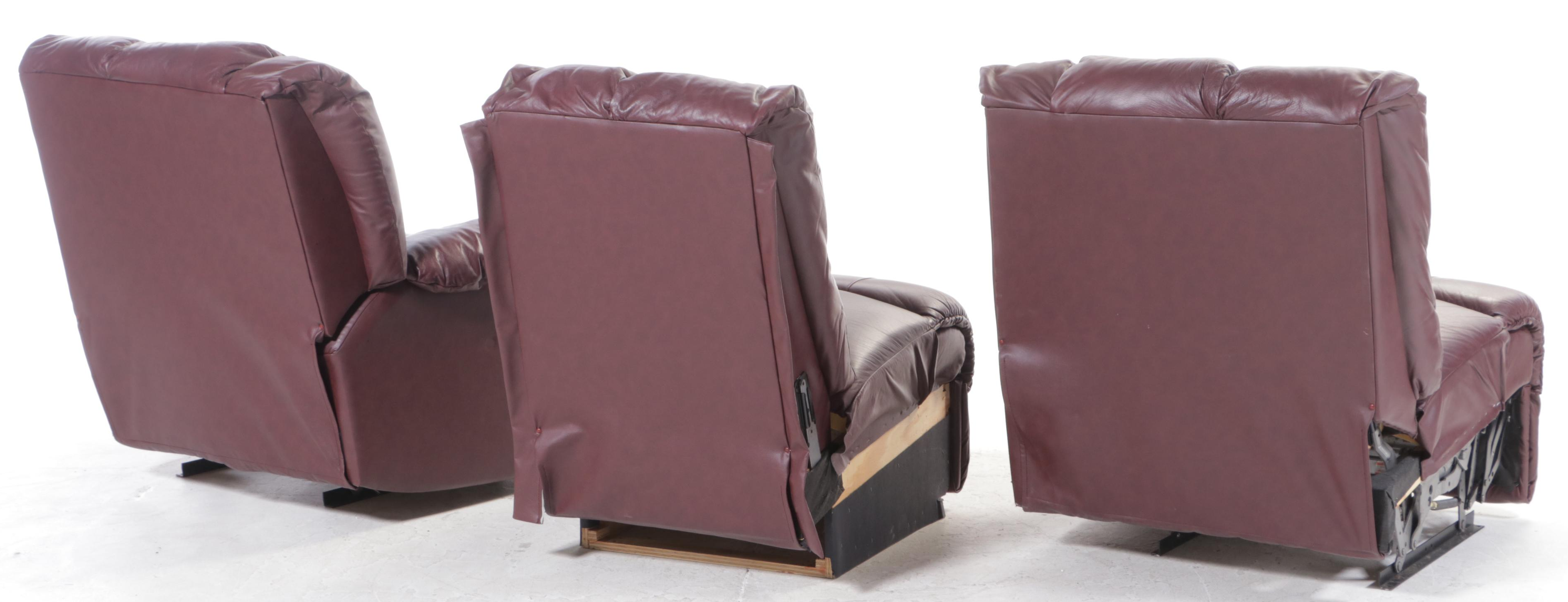 Burgundy Vinyl Overstuffed Recliner Sofa