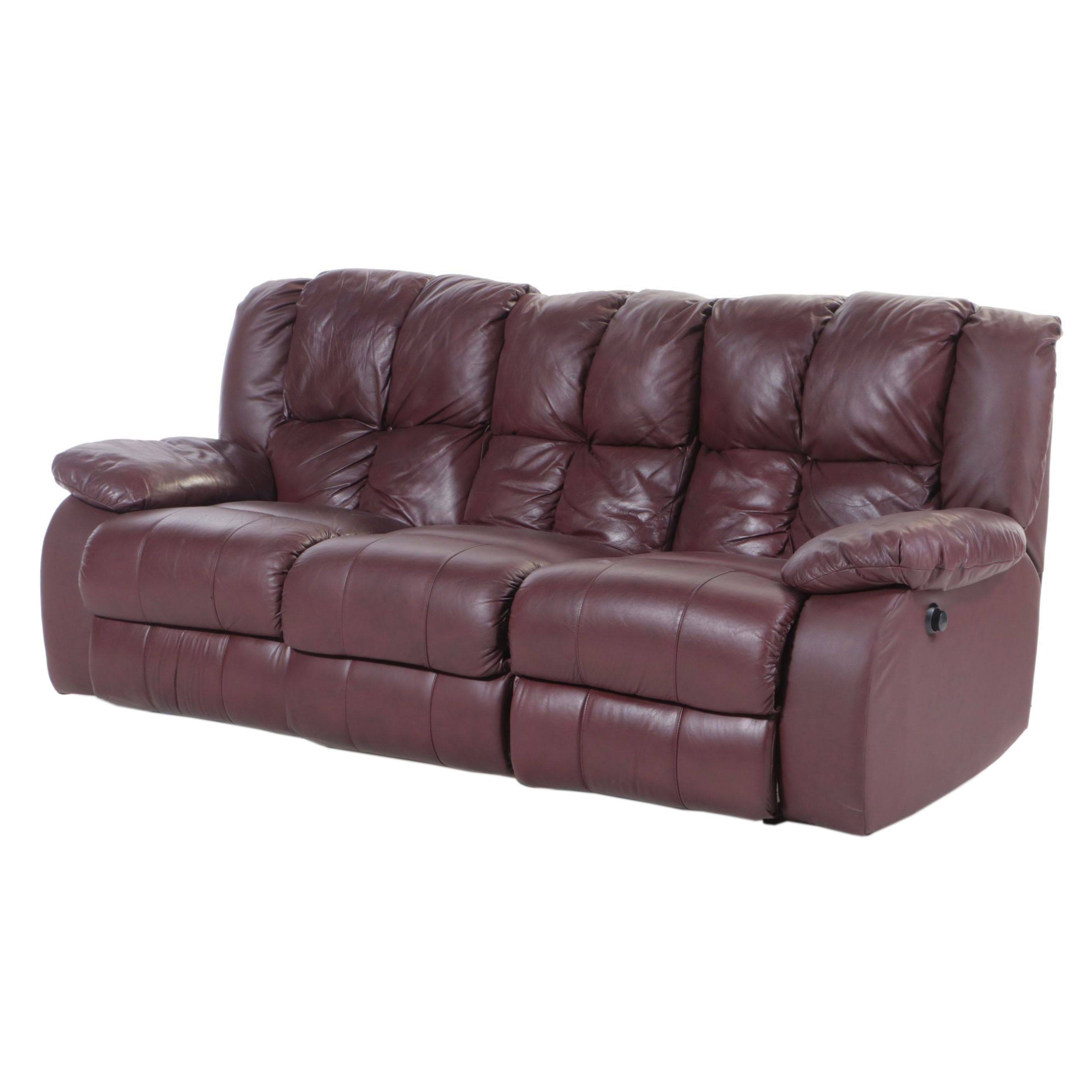 Burgundy Vinyl Overstuffed Recliner Sofa