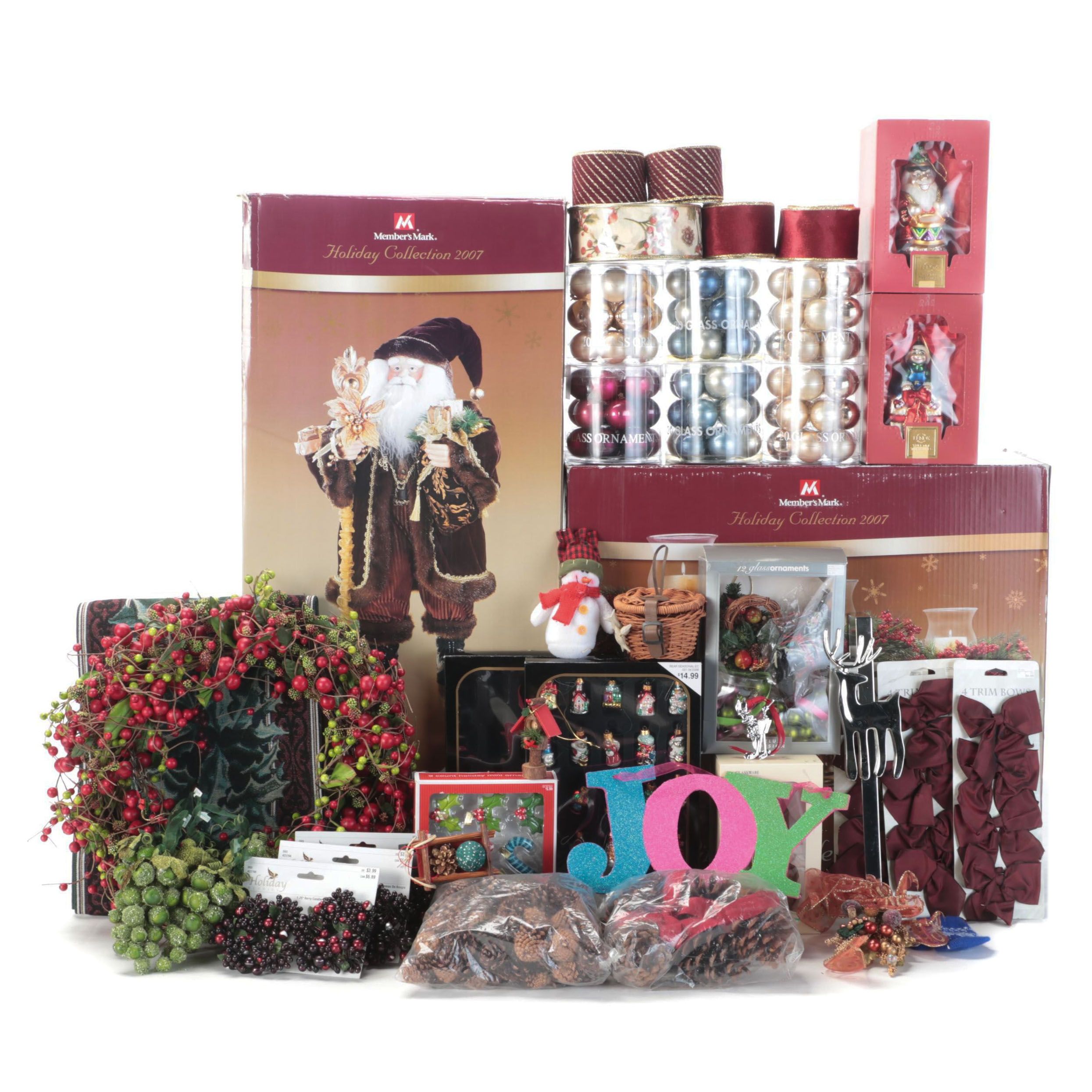 Member's Mark Santa With Berry Wreath, Cones, Glass Ornaments and More