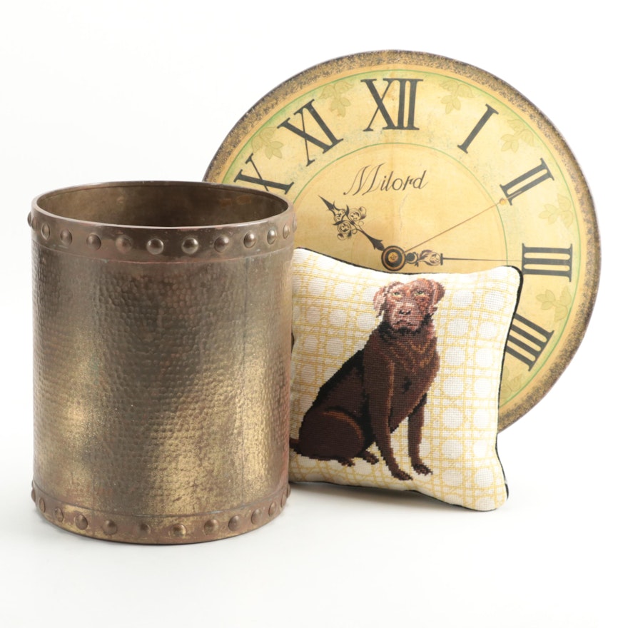 Labrador Retriever Accent Pillow, Brass Wastepaper Bin and Decorative Clock Face