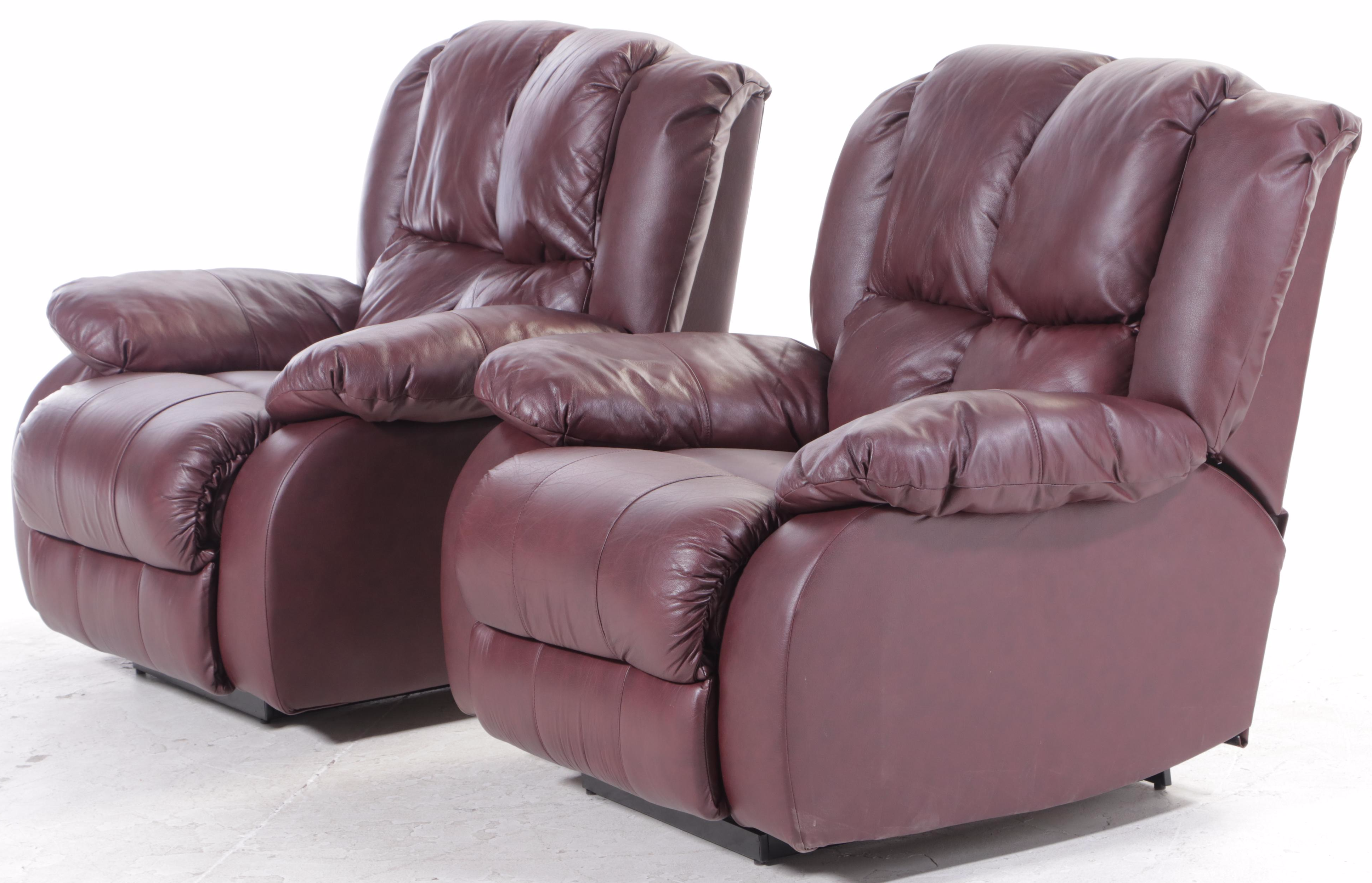 Pair of Burgundy Vinyl Upholstered Overstuffed Armchairs